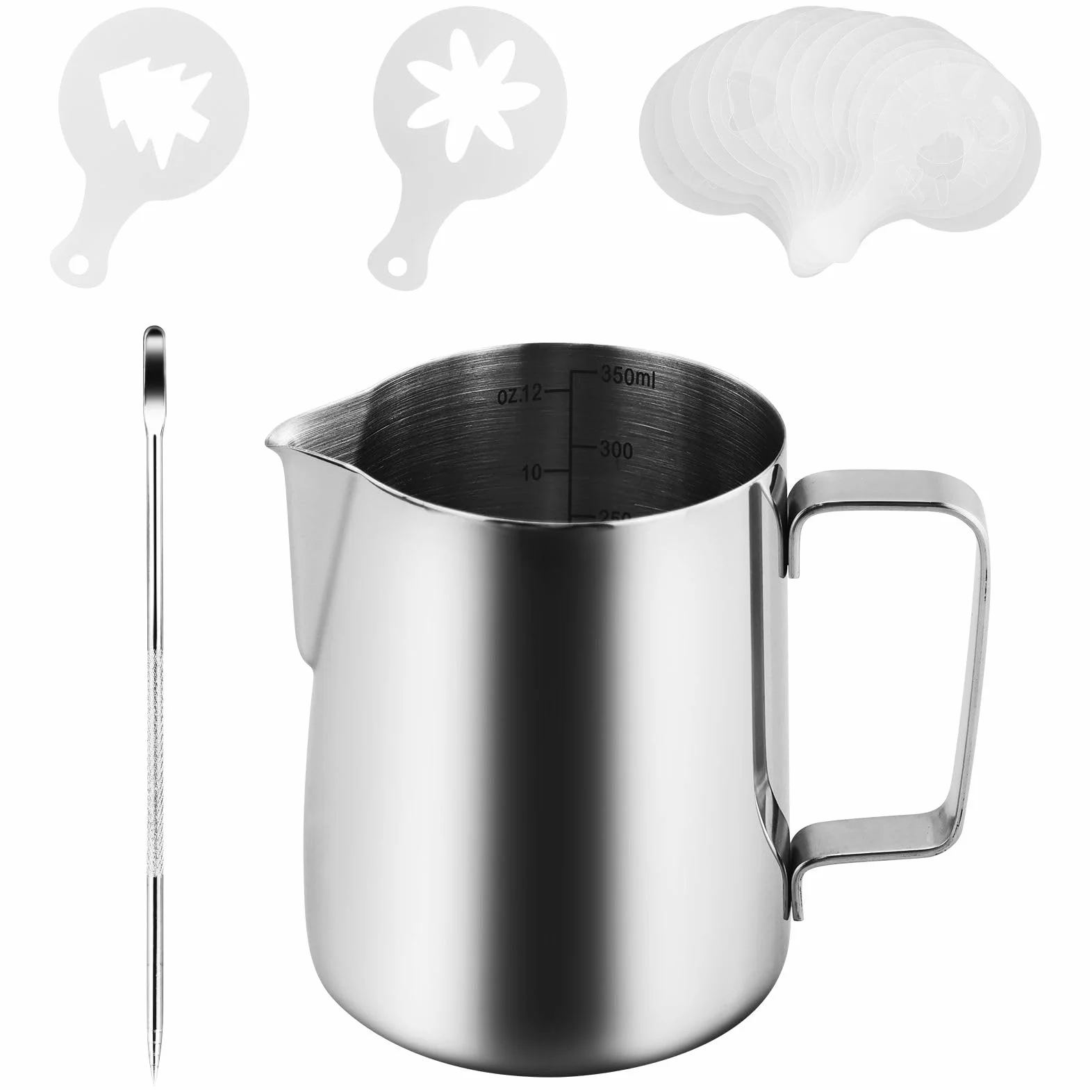 Metalowy spieniacz do mleka 350 ml z piórem Latte Art i 16 plastikowymi szablonami do kawy, dzbanek do gotowania na parze ze stali nierdzewnej 304 zawiera wewnętrzne linie pomiarowe, dzbanek do