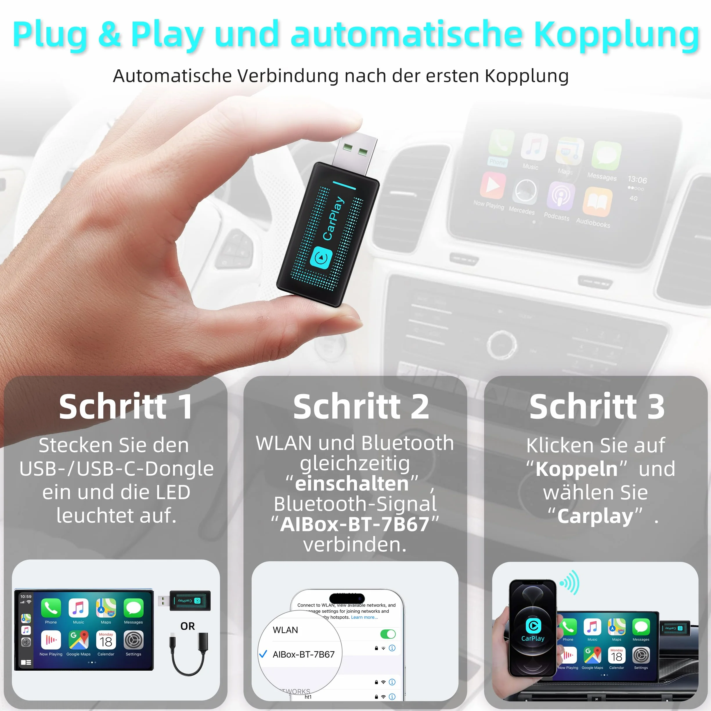 Pashlysh Bezprzewodowy adapter Carplay do iPhone'a, upgrade 2024, USB CarPlay, pendrive do bezprzewodowej obsługi, łatwa funkcja Plug & Play, kompatybilny z samochodami od 2016 i iPhone iOS 10+
