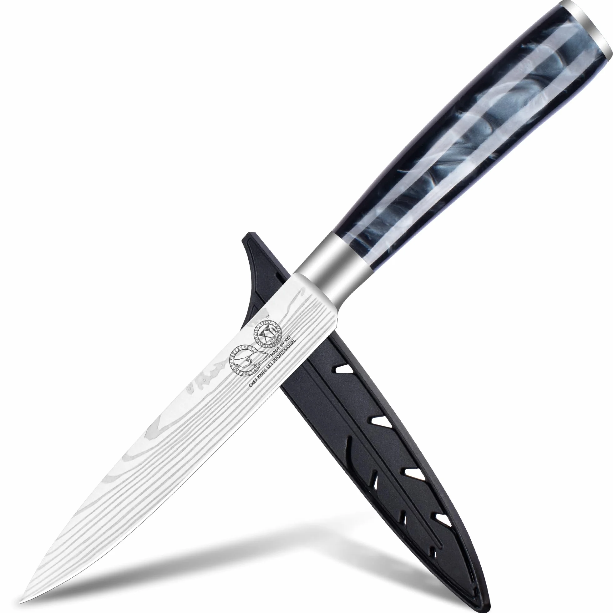XYJ Kitchen Utility Knife,5 Inch Stainless Steel Steak Knife,Laser Damascus Pattern,Japanese Chef Knife Kitchen Cutlery,Meat Knife With Cover,Resin Handle