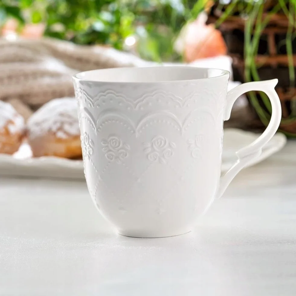 VILLA ITALIA Filiżanka do Kawy Herbaty ze Spodkiem 220 ml – Porcelana - Kolekcja Aurelia – Kolor Mleczny – Biała – Idealna na Prezent – Porcelanowa – Ozdobny Relief