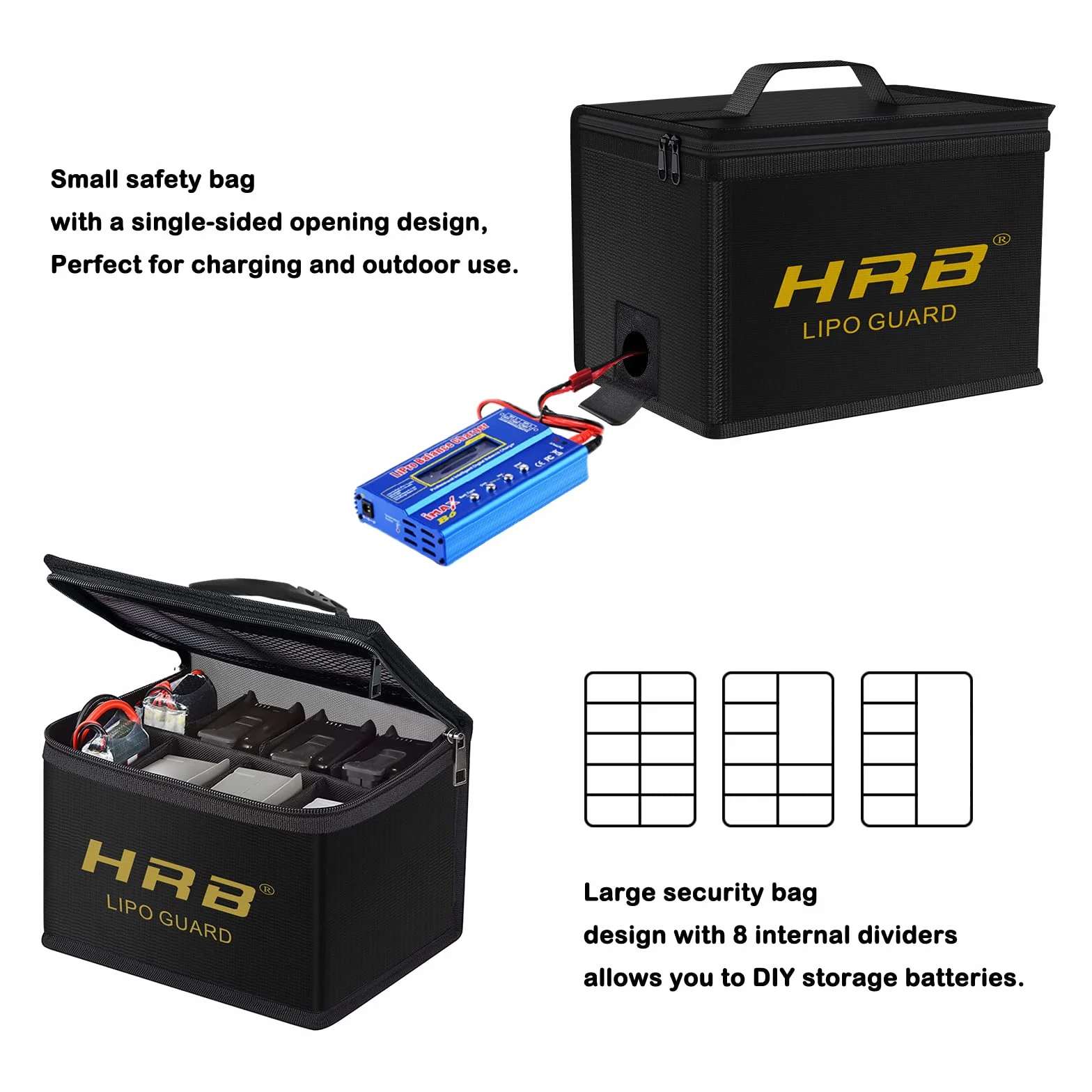 HRB Lipo Bag ognioodporna, zabezpieczona przed wybuchem, bezpieczna torba na baterie Lipo, ulepszony materiał wysokiej jakości, pudełko bezpieczeństwa o dużej pojemności do ładowania i przechowywania akumulatorów samochodowych RC