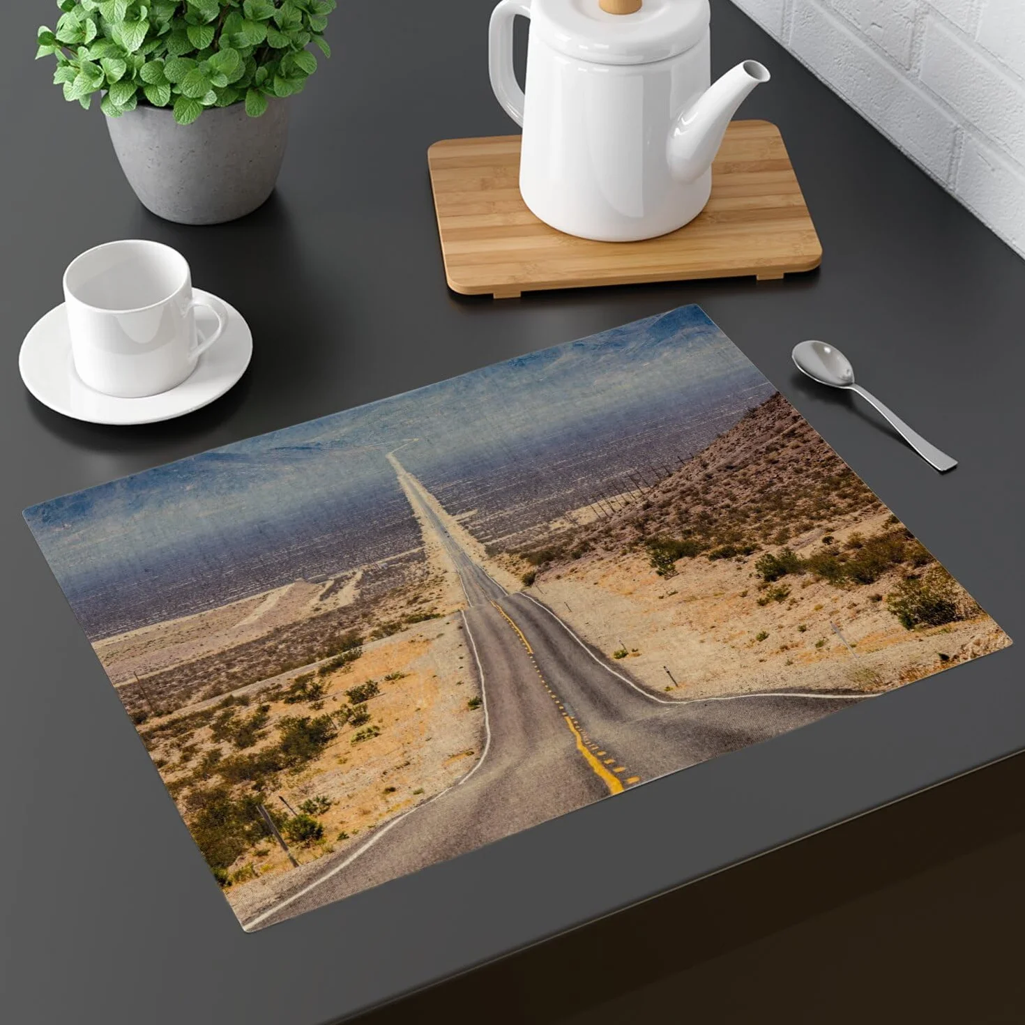 Zestaw 4 podkładek lnianych - Route 66 Stany Zjednoczone Bikers Mythic Desert - Duży format 40 x 28,5 cm