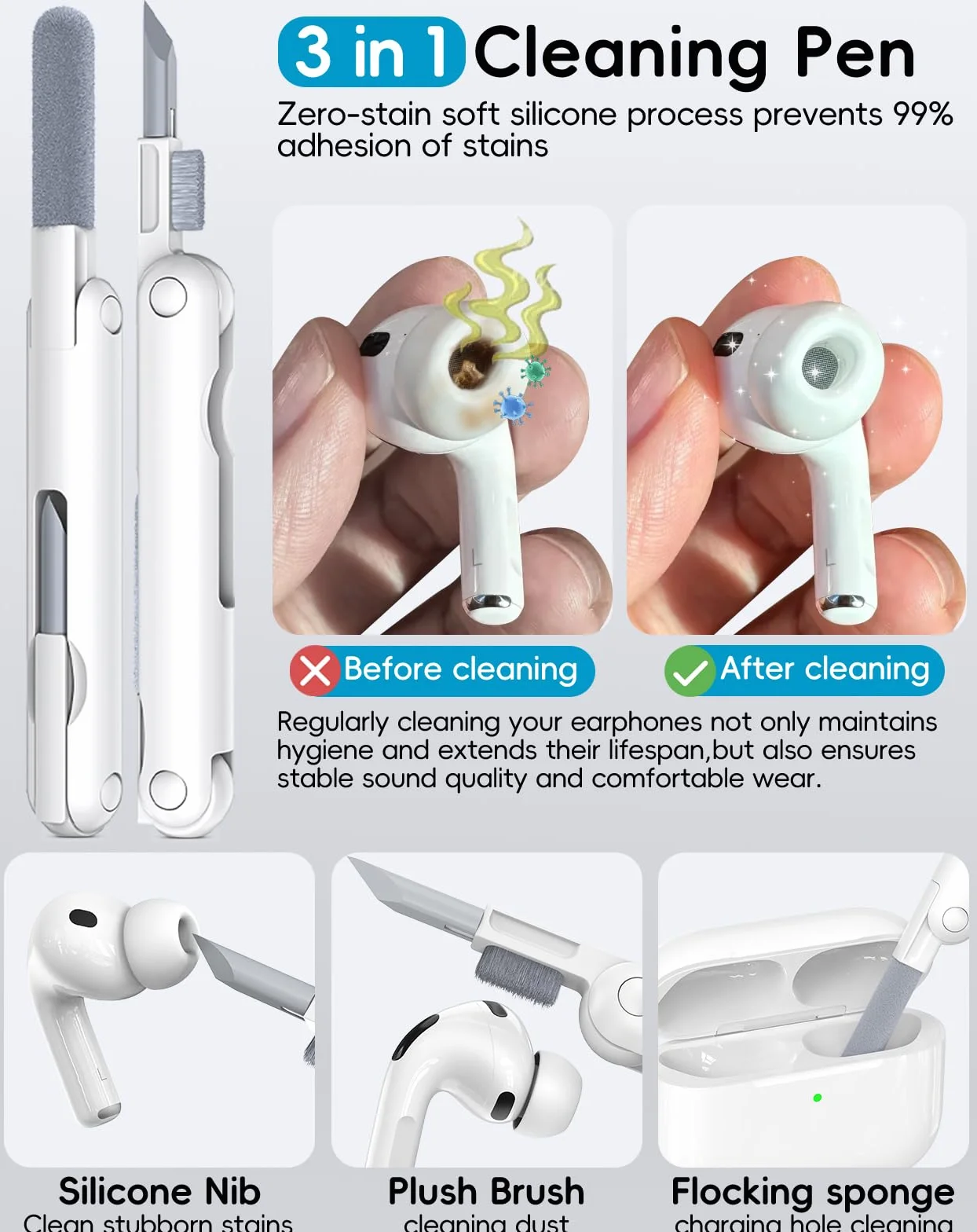 4 pary zamiennych zatyczek do uszu do AirPods Pro 2nd/1. generacji, z otworem do redukcji szumów, do czyszczenia i organizatora