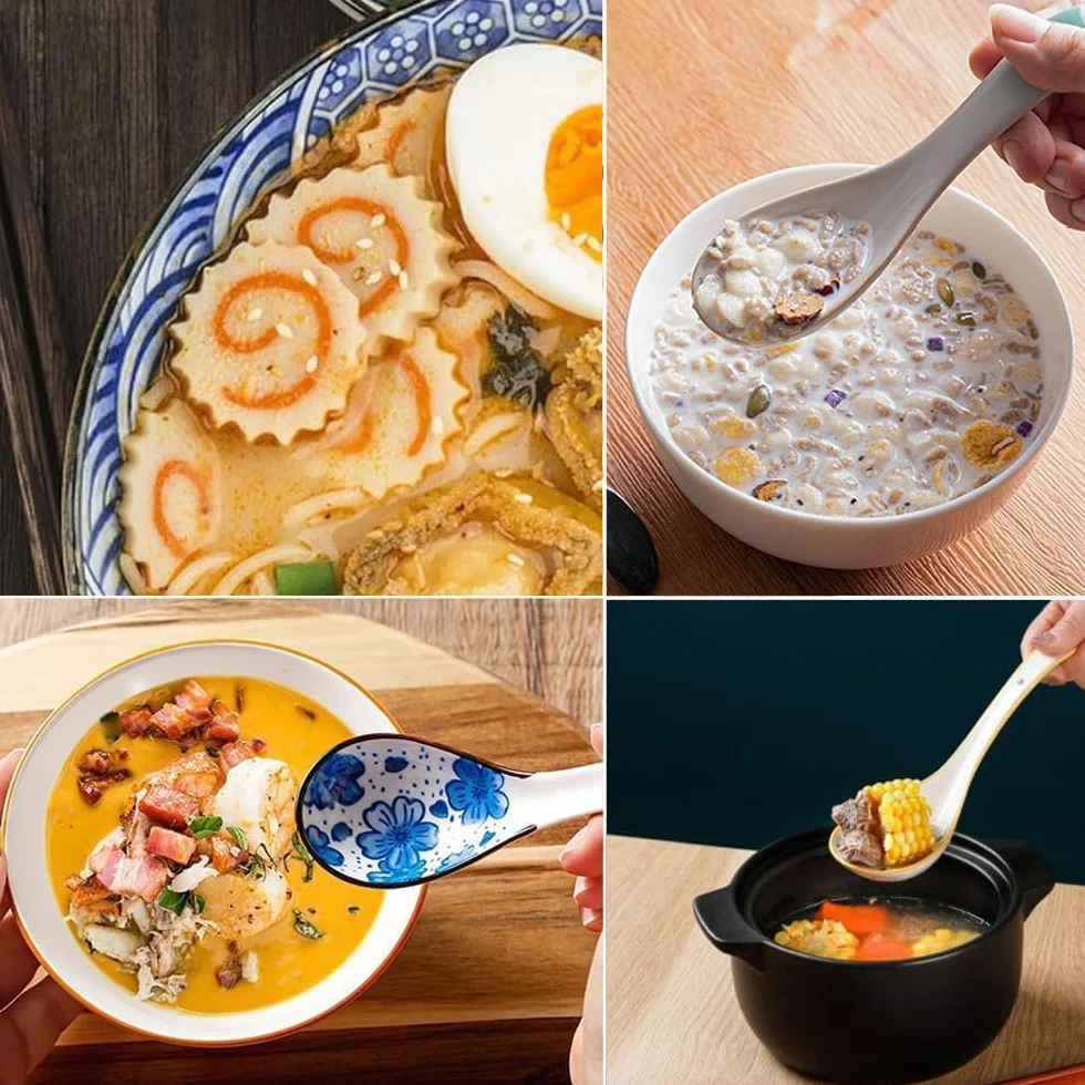 LATRAT 4 sztuki azjatyckich łyżek do zupy, wyjątkowy wzór ramen łyżki ceramiczne, z długim uchwytem, zestaw łyżek do pierogów, makaronu ryżowego, wontonu, makaronu i zup