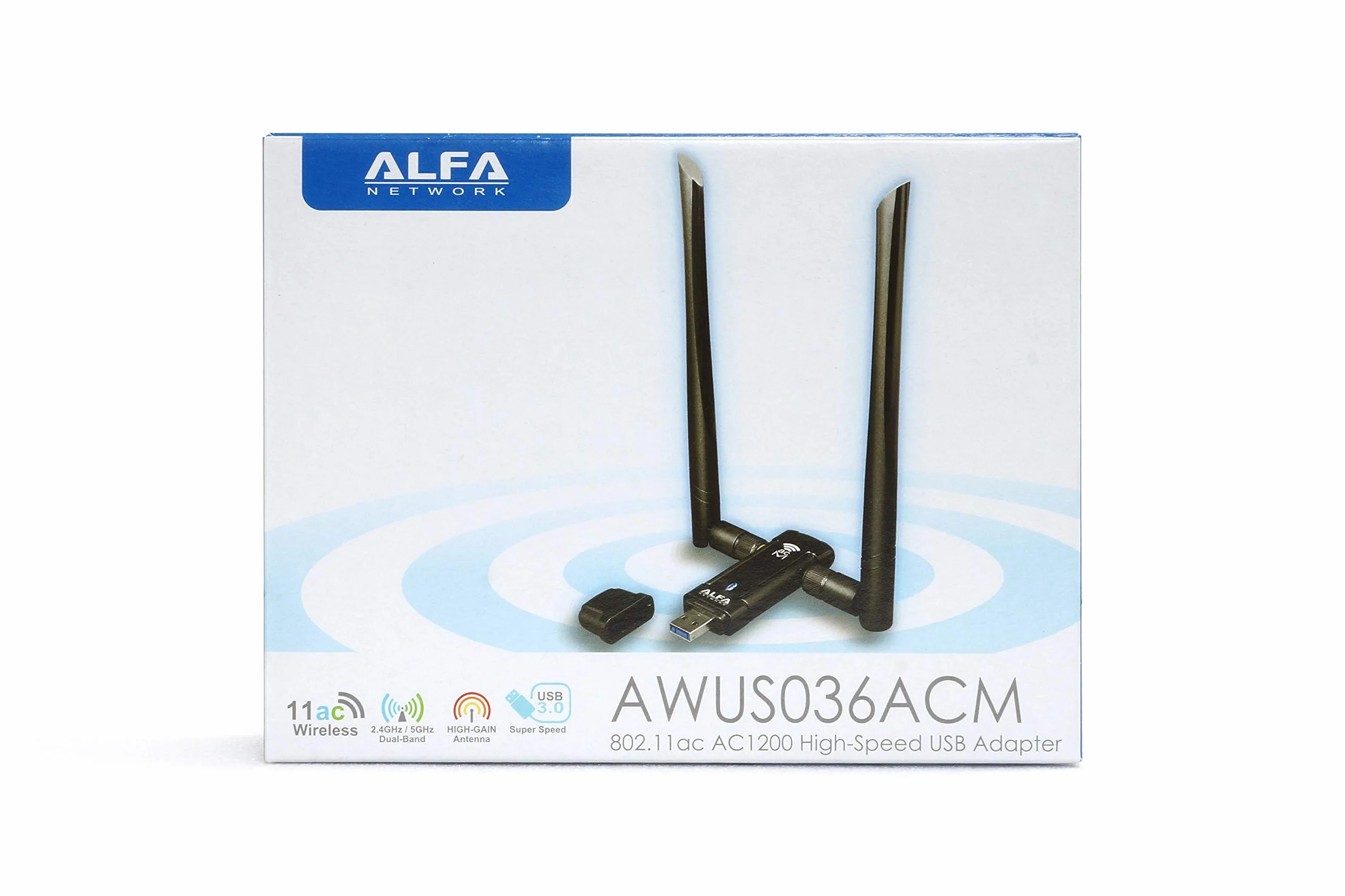 ALFA Network Długotrwały szeroki zasięg Dual-Band AC1200 USB bezprzewodowy adapter Wi-Fi W/High Sensitivity antena zewnętrzna - obsługuje Windows, Macos i Kali Linux