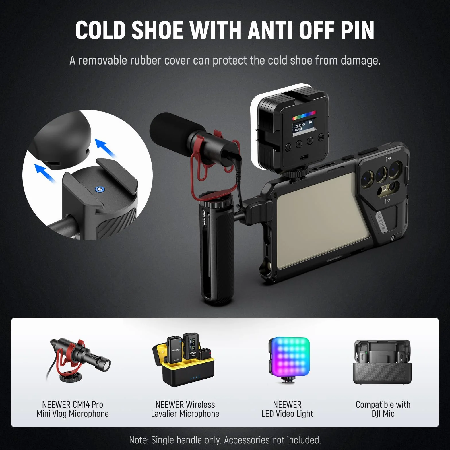 NEEWER Uchwyt boczny szybkiego zwalniania do klatki na telefon PA073 PA074 dla 16 Pro/16 Pro Max, PA042 do Samsung S24 Ultra, z zakrytą zimną stopką, pinem zapobiegającym zdejmowaniu, czarna blokada
