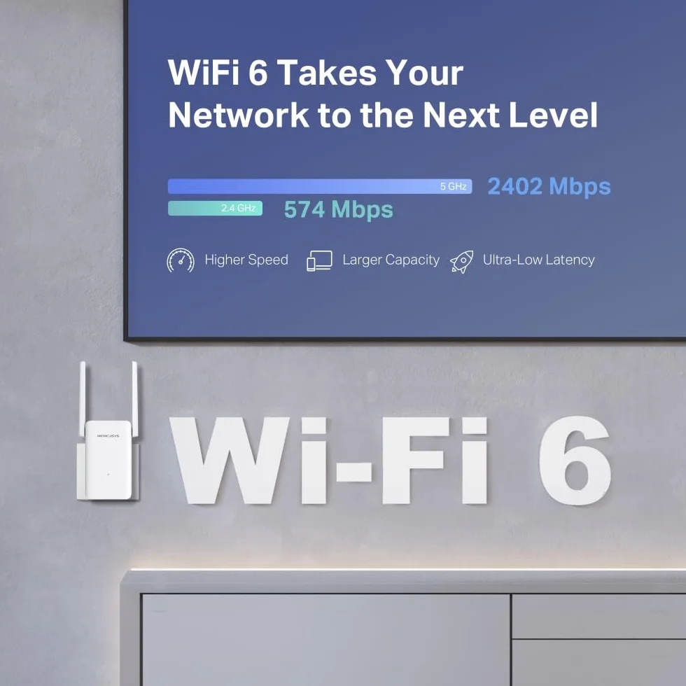 Mercusys ME80X | Wzmacniacz Zasięgu Wi-Fi 6 AX3000 Dual-Band | 2402 Mb/s (5 GHz) + 574 Mb/s (2,4 GHz) | Kompatybilny z EasyMesh | Port Gigabit Ethernet | Tryb Punktu Dostępowego