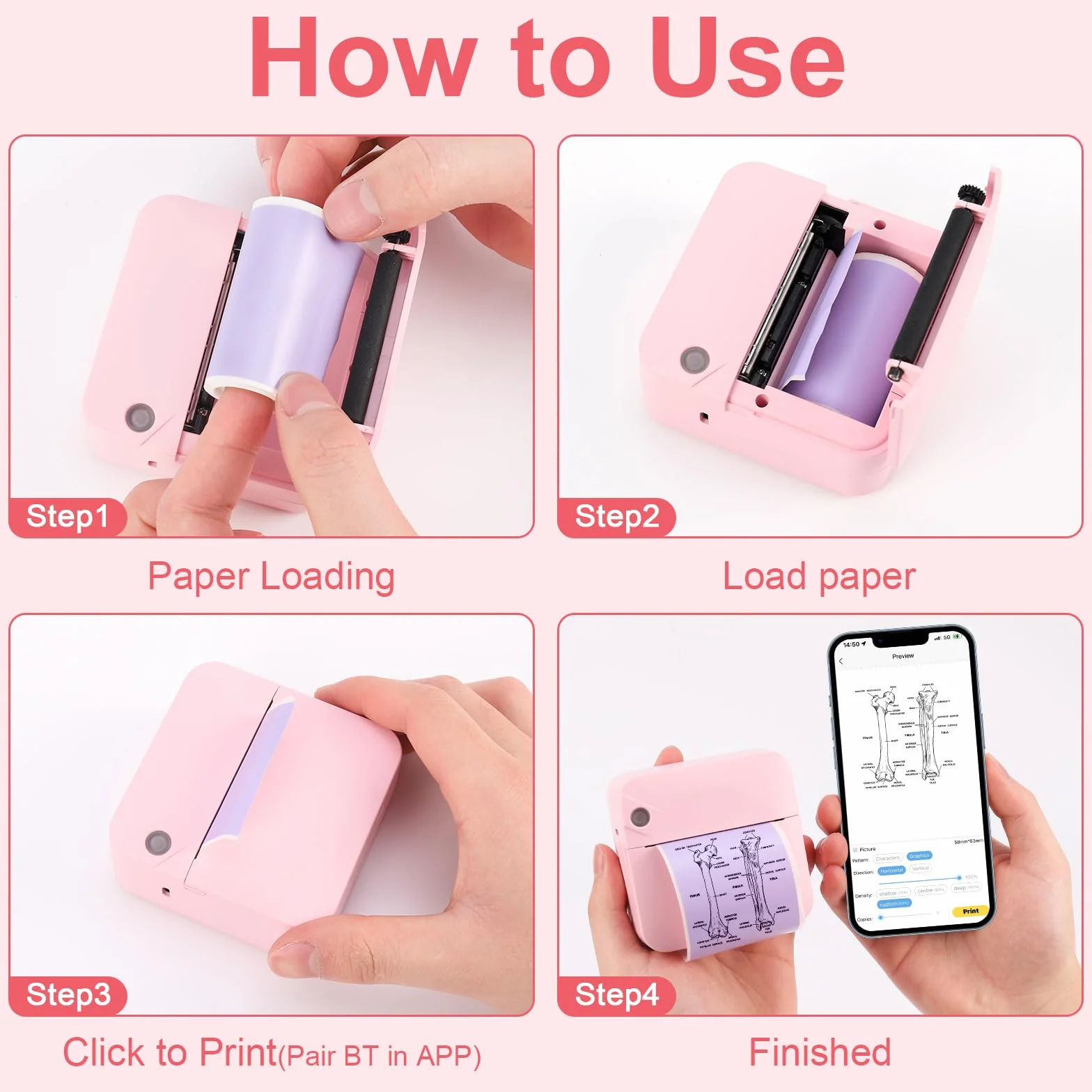 Przenośna mini termiczna drukarka fotograficzna Bluetooth z 13 rolkami papieru, USB do notatek, pamiętnik (różowy)
