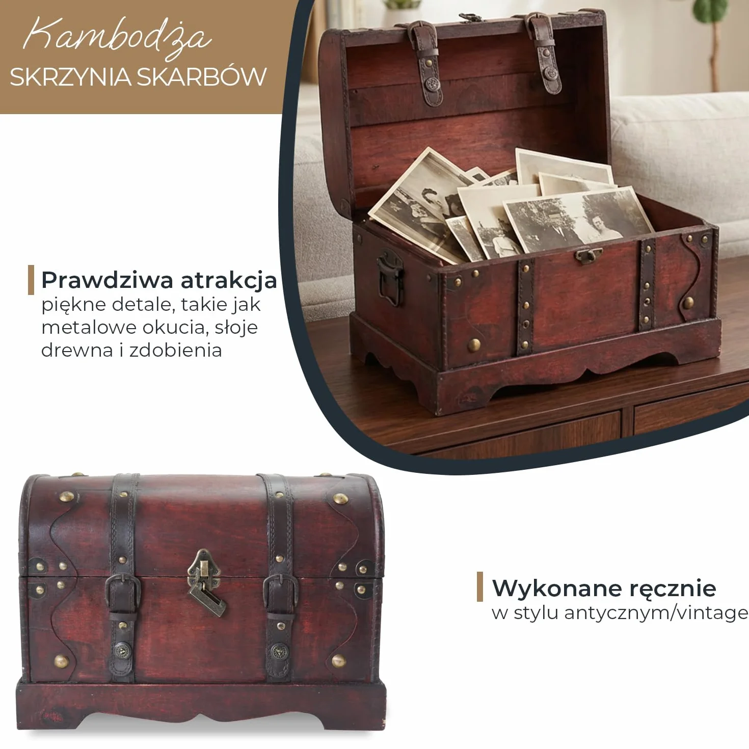 Drewniana skrzynia na skarby z zamkiem HMF 6403-140 40x23x27 cm