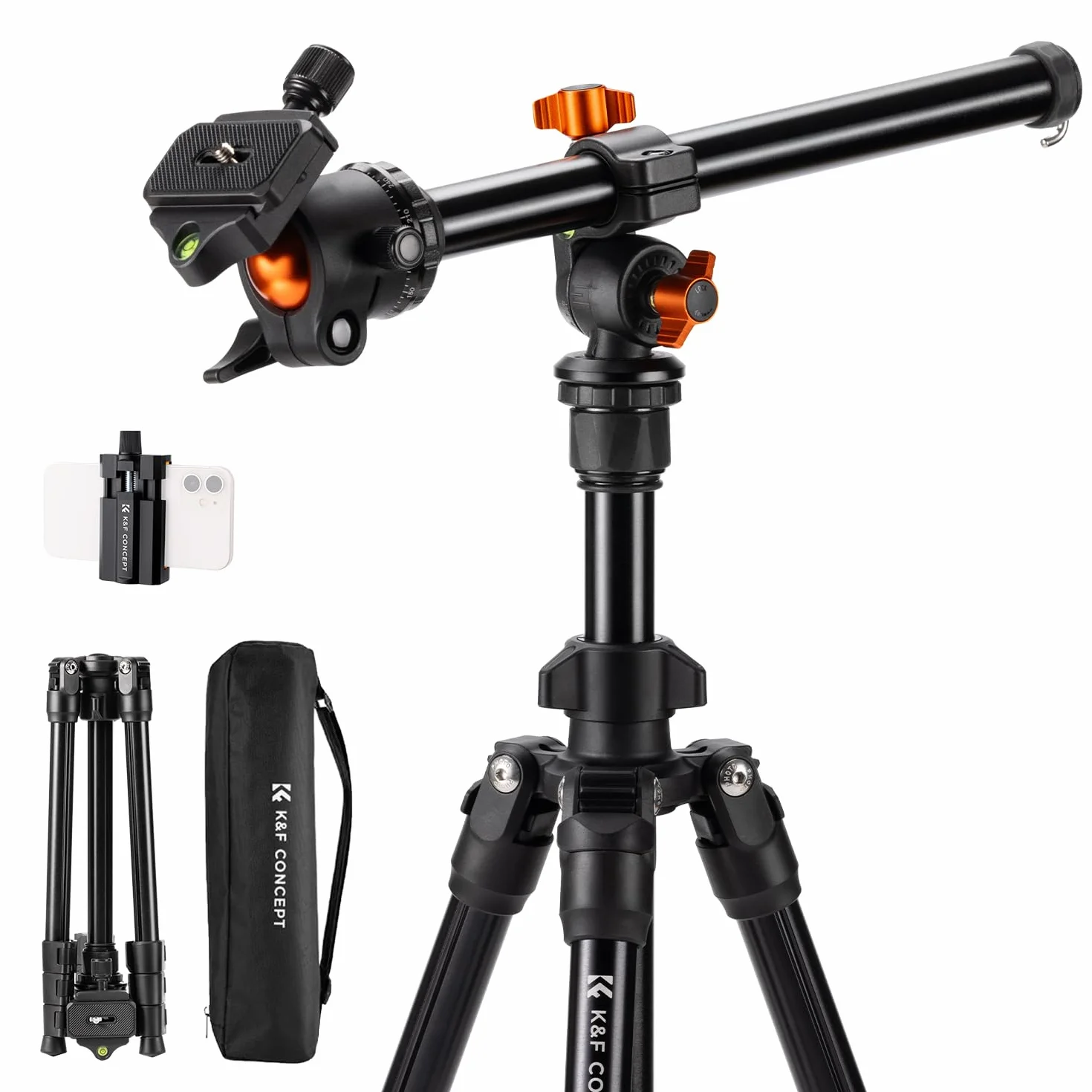 K&F Concept K234A0 statyw do aparatu z ramieniem wysięgnikowym, 163 cm statyw do telefonu komórkowego, tripod do podróży, statyw do smartfona z uchwytem na telefon komórkowy, aluminiowy statyw