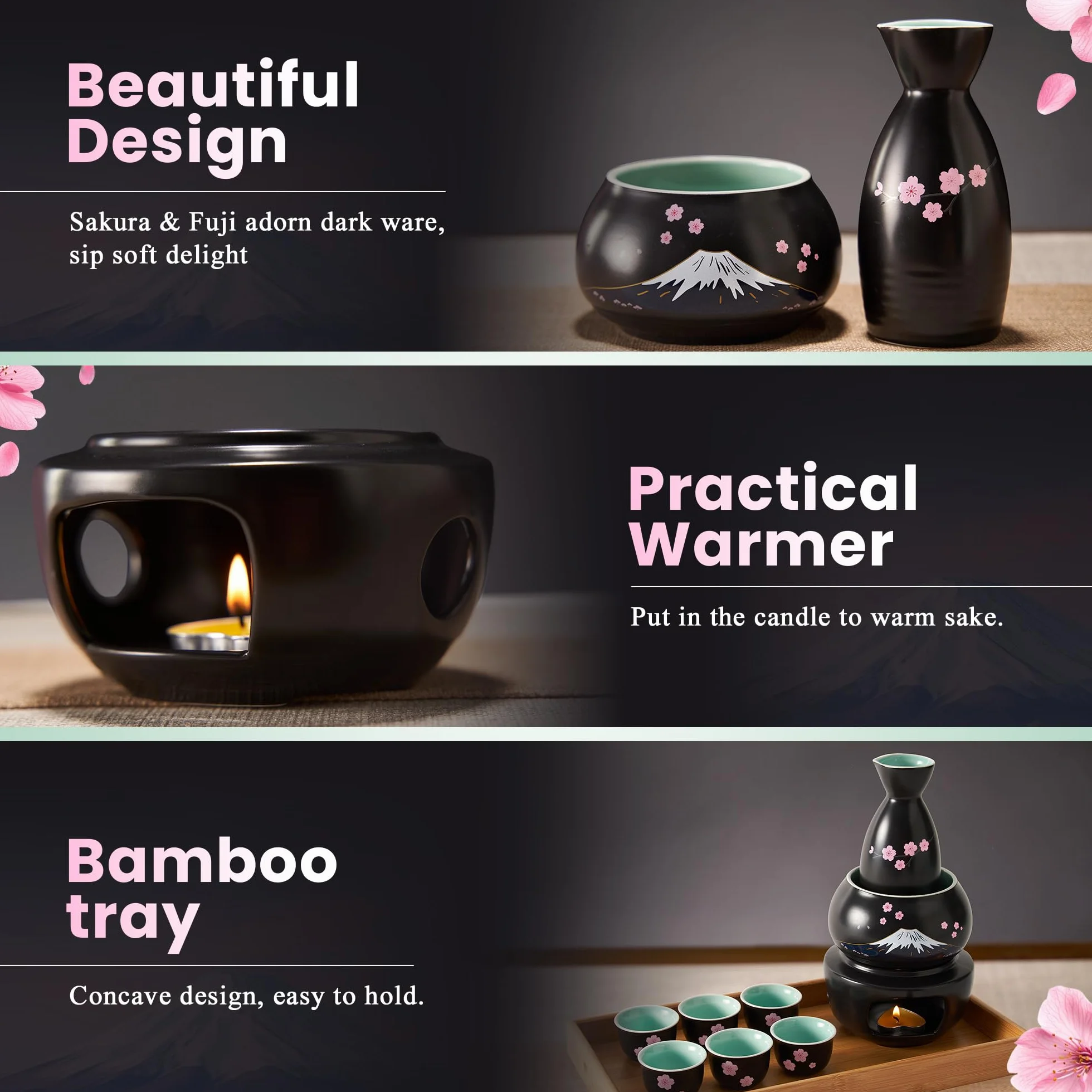DUJUST 10-częściowy zestaw japońskich sake porcelanowy Sakura Fuji czarny