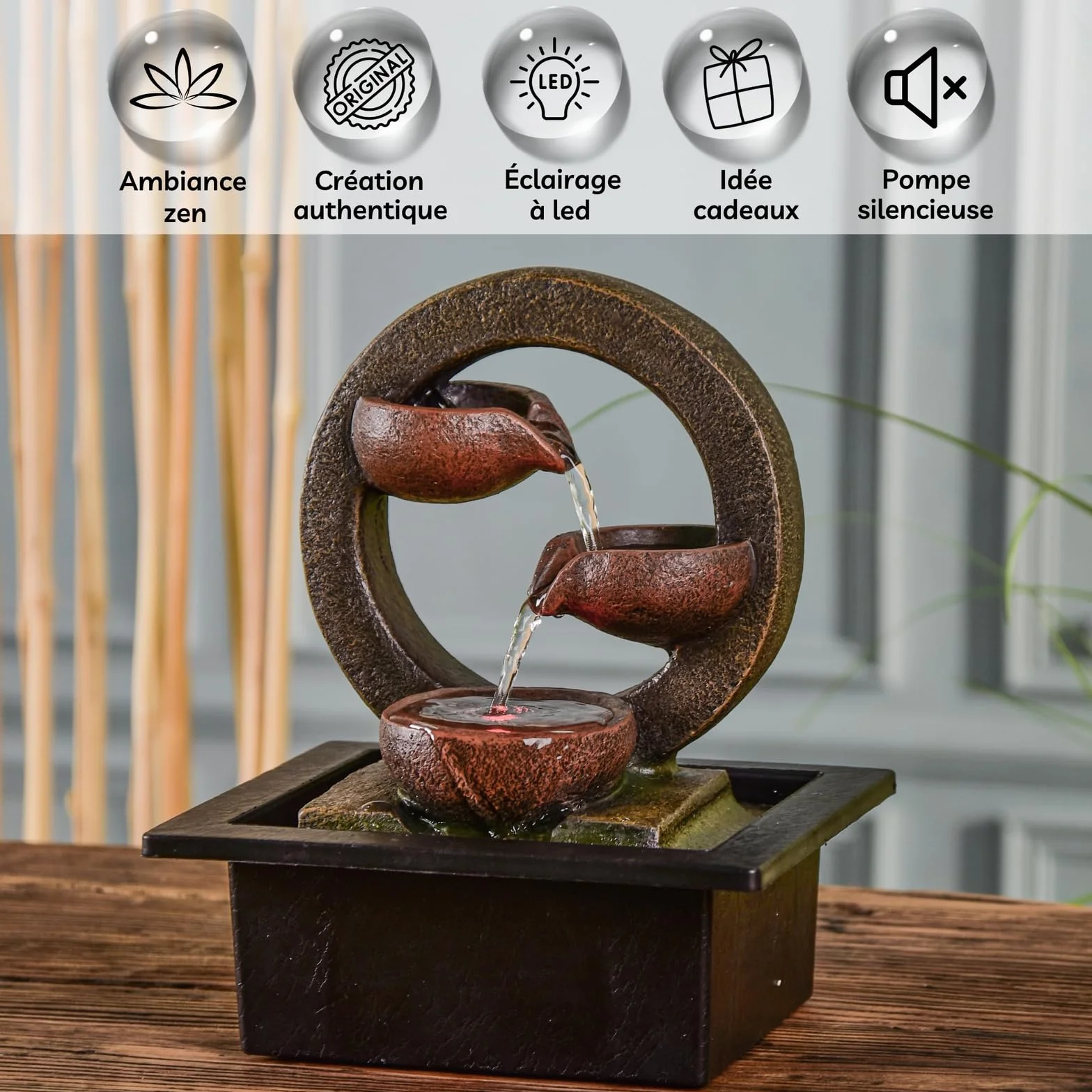 ZEN'LIGHT, Zen Terai Fontanna, Oryginalna dekoracja wnętrz, naturalny przepływ wody - oświetlenie LED, cicha pompa, szer. 17 x szer. 21 x wys. 25 cm