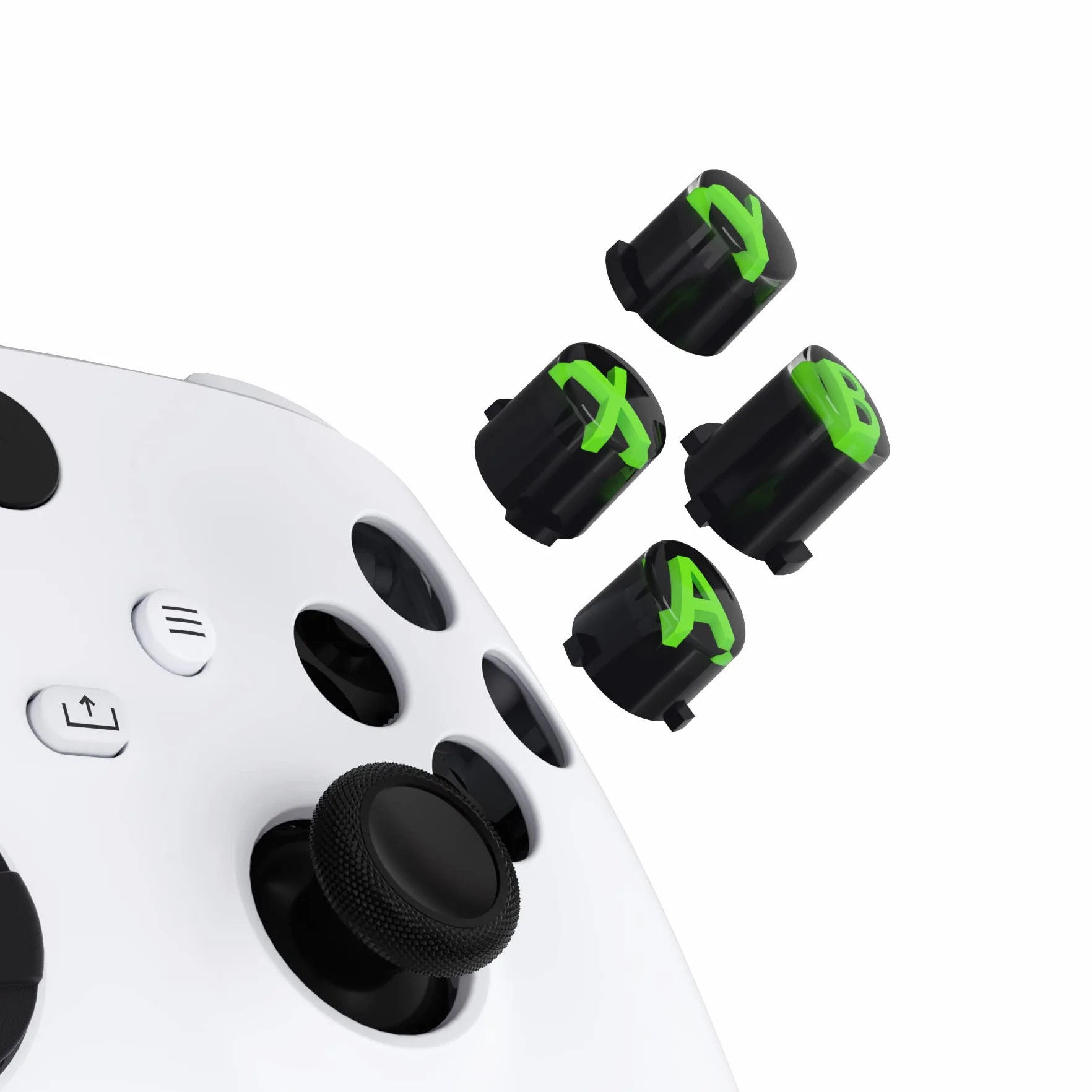 eXtremeRate Wymiana Custom ABXY Action Buttons dla Xbox Series X & S Controller, Three-Tone Czarny & Przezroczysty z Zielony Klasycznymi Symbolami Klawisze A B X Y dla Xbox One S/X, Elite V1/V2 Controller