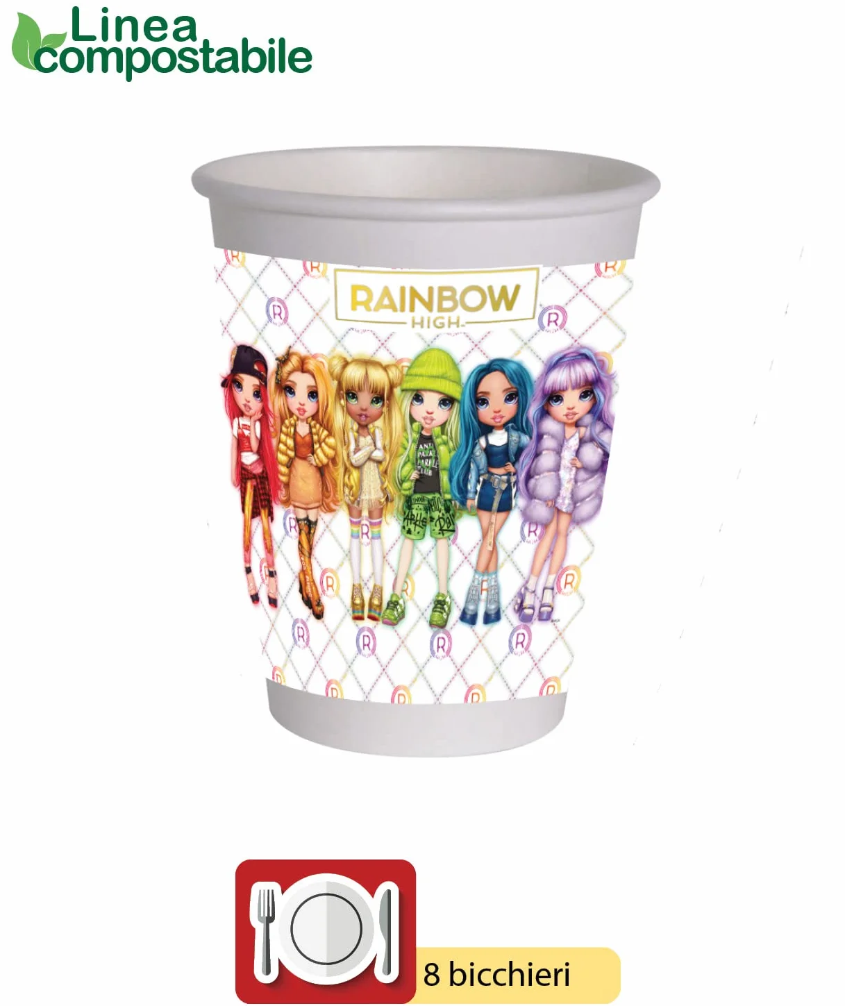 Ciao AZ025 Rainbow High Zawartość 8 naczyń Ø18cm 8 szklanek 200ml 20 serwetek 33x33cm