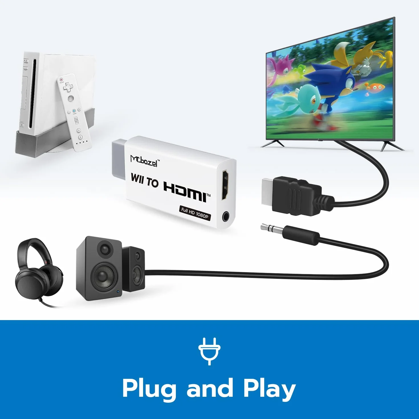 Adapter Wii HDMI, Mcbazel Wii na HDMI, konwerter adapterów wideo Full HD 1080P z audio 3,5 mm