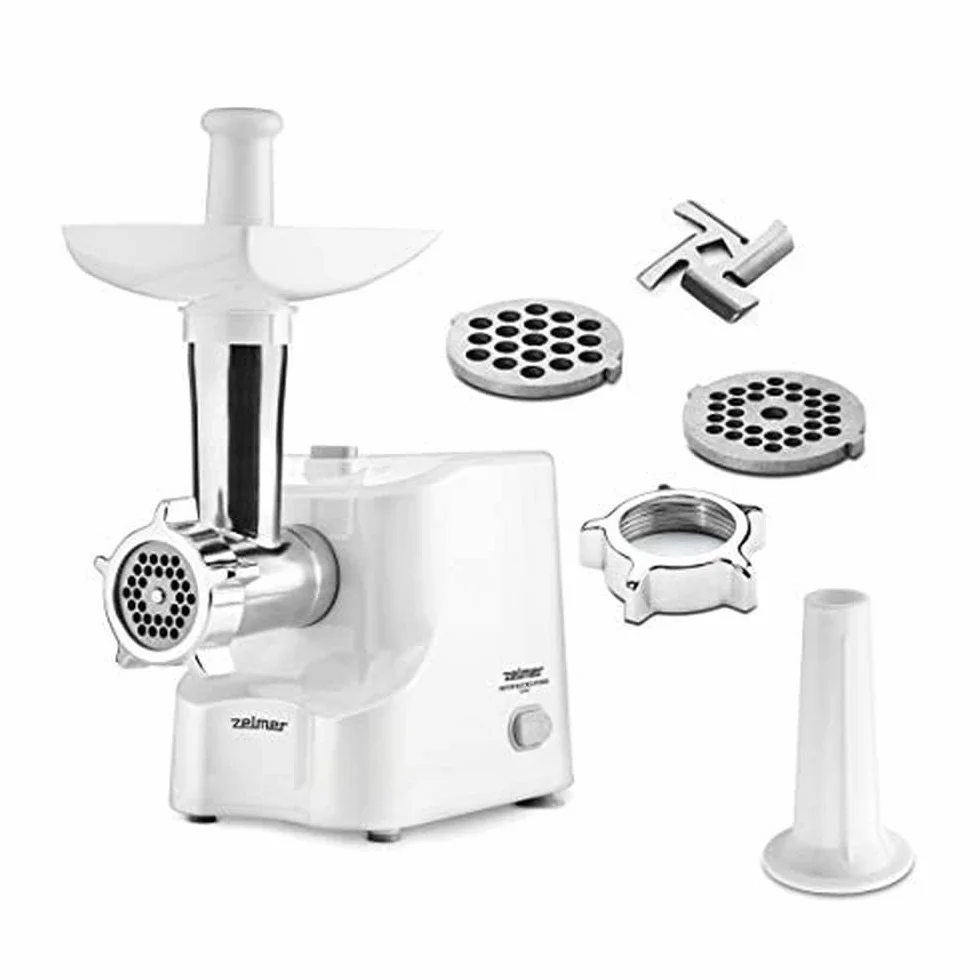 Zelmer ZMM1010B - Maszynka do mielenia mięsa, moc 1000W, wydajność 1.3 kg/min, ostrze jednostronne, sito o oczkach 4mm i 8mm , 2 metalowe sitka, przystawka do wyrobu kiełbasy, biała.