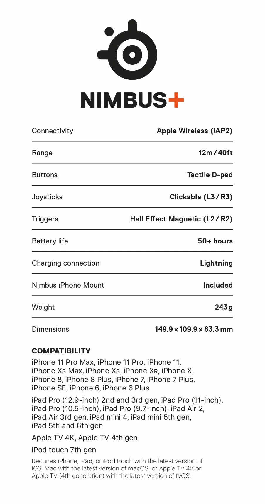 SteelSeries Kontroler Nimbus+ - Sprawniejsze działanie na wszystkich urządzeniach Apple