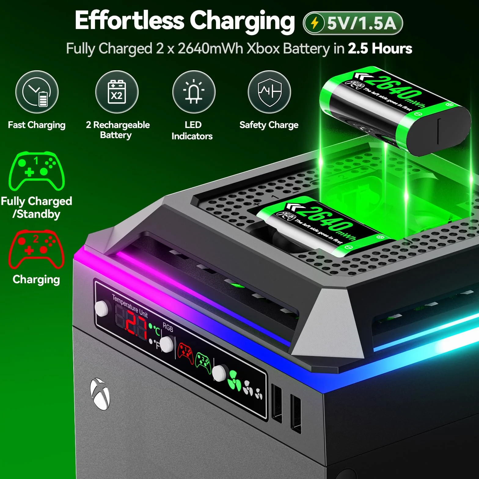 Tokluck Wentylator do konsoli Xbox Series X ze światłem RGB, stacja ładująca z 2 x 2640 mWh Xbox Controller akumulator do Xbox Series/One-X/S/Elite, chłodnica Xbox Series X z 2 portami USB do