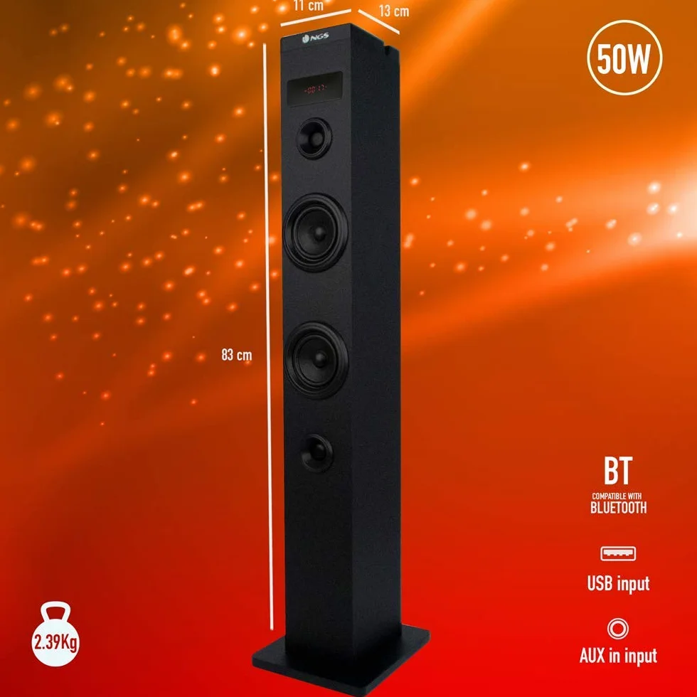 NGS SKY CHARM BLACK- Głośnik Kolumnowy Bluetooth 50W z Pilotem, Wejściem Optycznym, USB, Radiem FM i AUX IN (Kolor Czarny)
