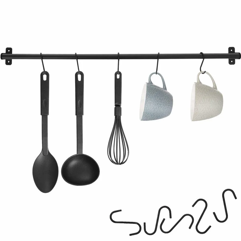 Orion Group listwa z haczykami na przybory kuchenne, reling kuchenny metalowy, czarny, 78,5 cm, 5 haczyków