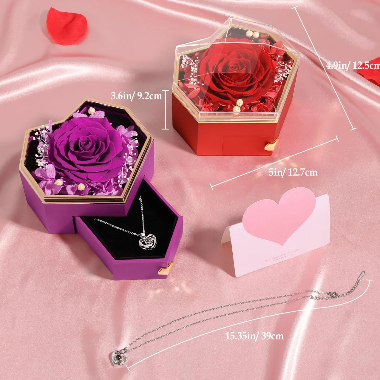 Emibele Preserved Real Rose with Heart Necklace, Eternal Flowers Rose Box with I Love You Necklace 100 Languages, Preserved Rose Jewelry Gift for Mom Women Her Wife Mother Valentine Day Grandma, Red