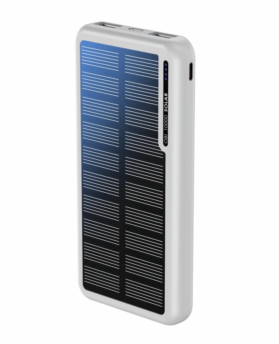 Boompods Obi solarny powerbank 10 000 mAh – ładowarka do szybkiego ładowania z USB-C i 2 portami USB, powerbank z panelem słonecznym, wytrzymała stacja ładująca do telefonu komórkowego, tabletów i