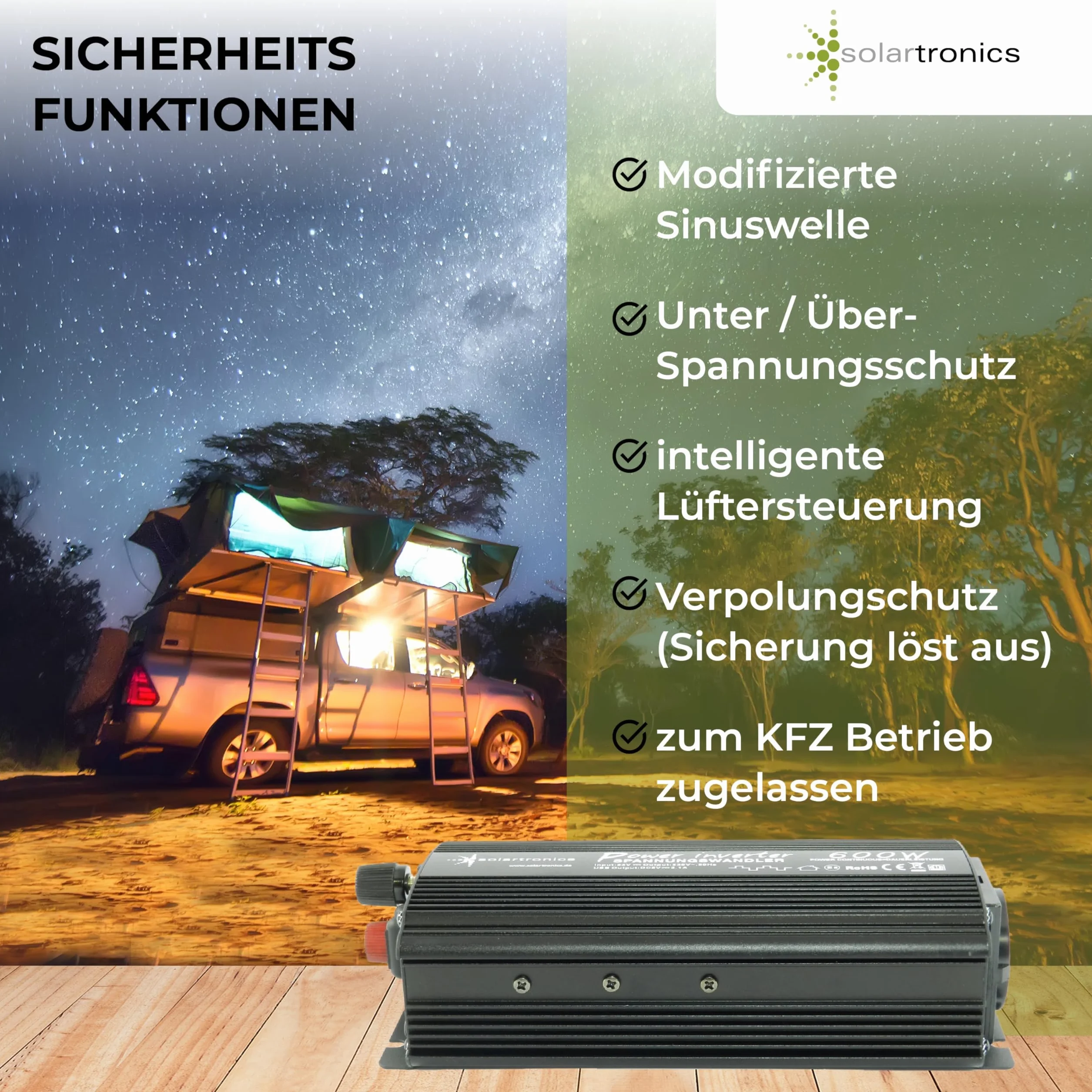 SOLARTRONICS Przetwornica napięcia NM600 12 V 600 W czarna - moc szczytowa 1200 W - falownik 12 V na 230 V - kompatybilny z bateriami ołowiowymi lub AGM - ze złączem Schuko i USB