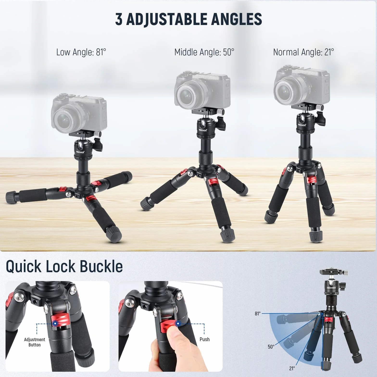 Neewer Przenośny mini statyw biurkowy - stop aluminium 20"/50 cm z głowicą kulową 360 stopni, płyta szybkiego obuwia do kamery wideo DSLR, obciążenie do 11 funtów / 5 kg