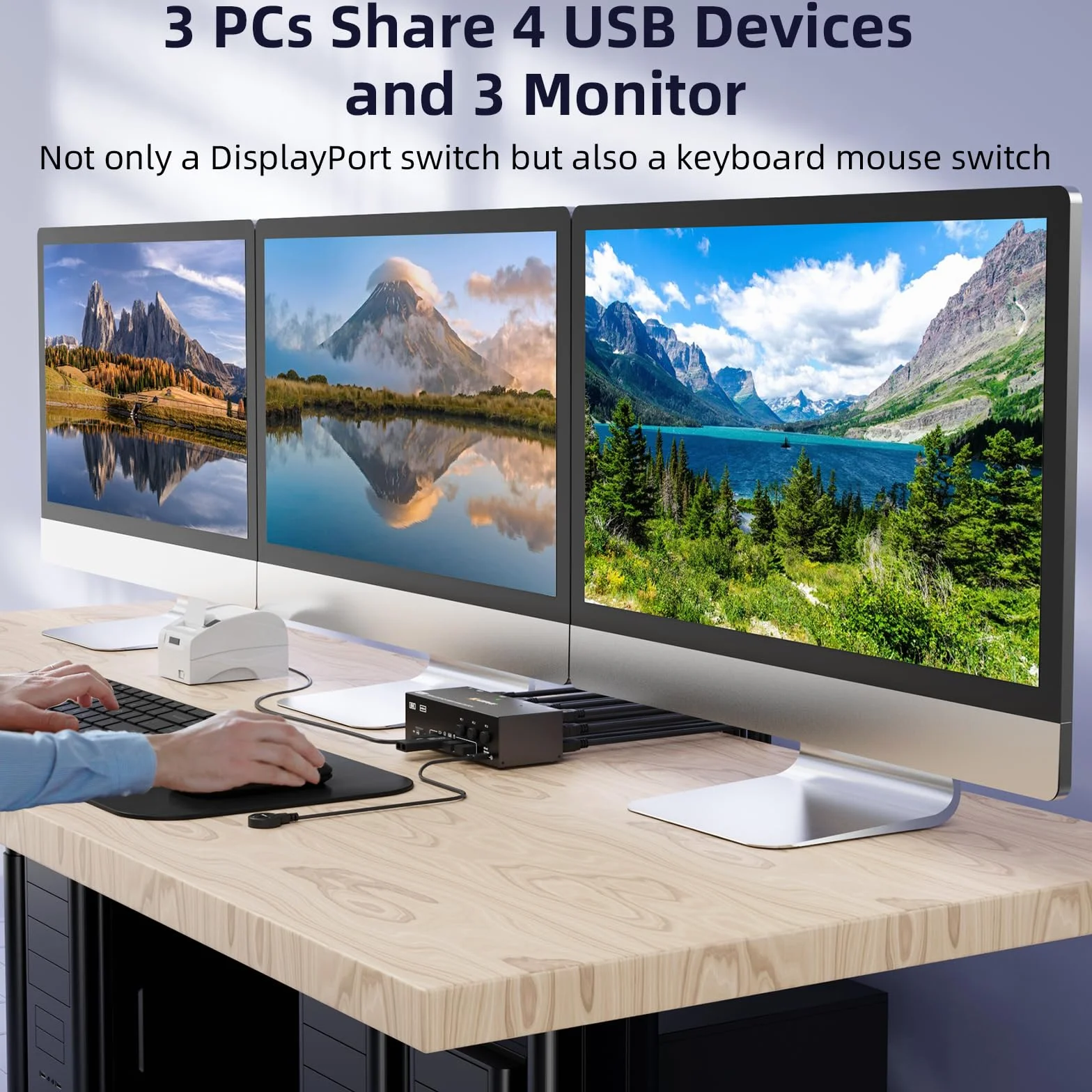 KVM przełącznik 3 PC 3 monitory 8K 60 Hz 4K 144 Hz, potrójny monitor HDMI + 2 Displayport KVM przełącznik do 3 części PC, 3 monitorów i 4 urządzeń USB 3.0, z zasilaczem 12 V DC, przewodowym pilotem