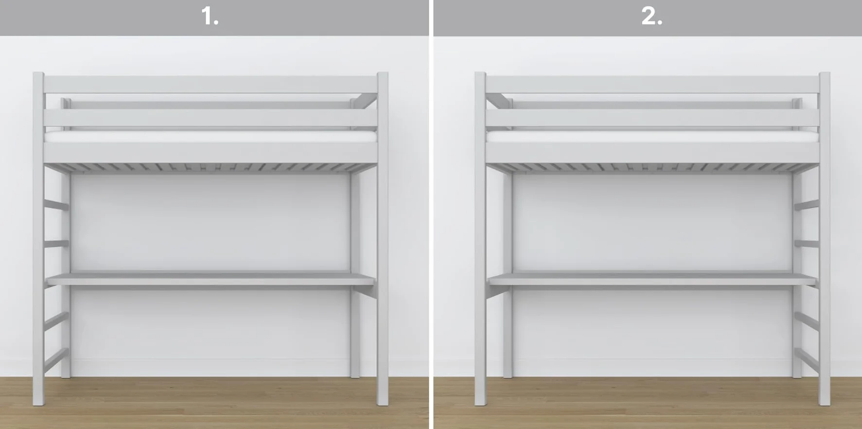 Łóżko na antresoli z biurkiem 90x200 cm z litego drewna Szare