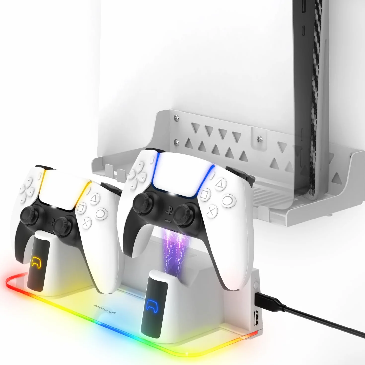 Fosmon - Uchwyt ścienny PS5, 5 w 1 - Edycja Dyskowa i Cyfrowa - Kompatybilny z PlayStation 5 - Odłączany uchwyt na kontroler, słuchawki i pilot - Biały