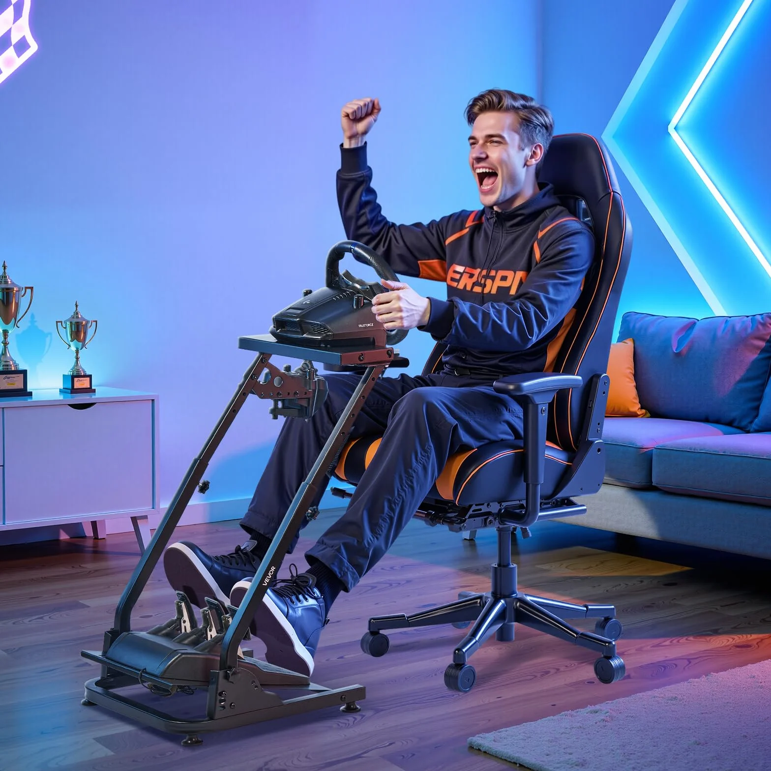 VEVOR Stojak na koła wyścigowe, regulowany i składany stojak na symulator do Logitech G29 G27 G920 G923, Thrustmaster T300RS T300GT T248 TS-PC TSXW Gaming Cockpit, symulator pedałów nie jest dołączony