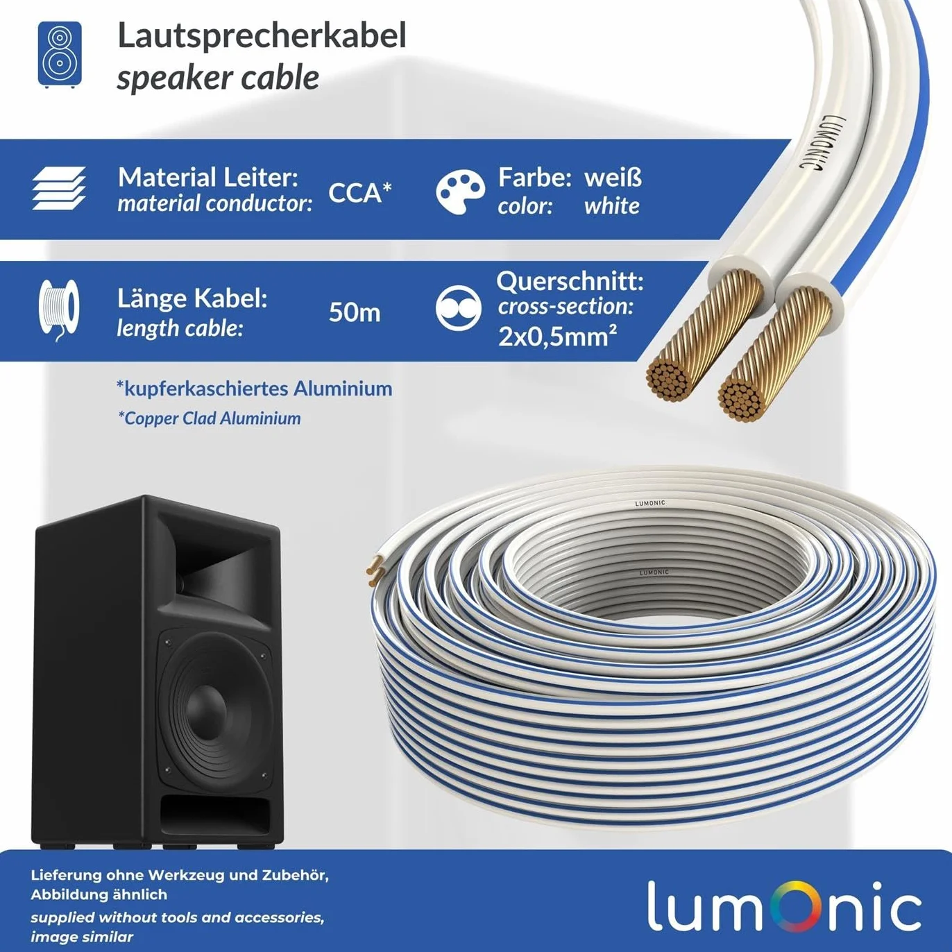 Lumonic Kabel glosnikowy | 50m Biala | 2x 0,5mm² CCA | Niebieskie oznaczenie Kabel glosnikowy HiFi | Podwójna linia audio