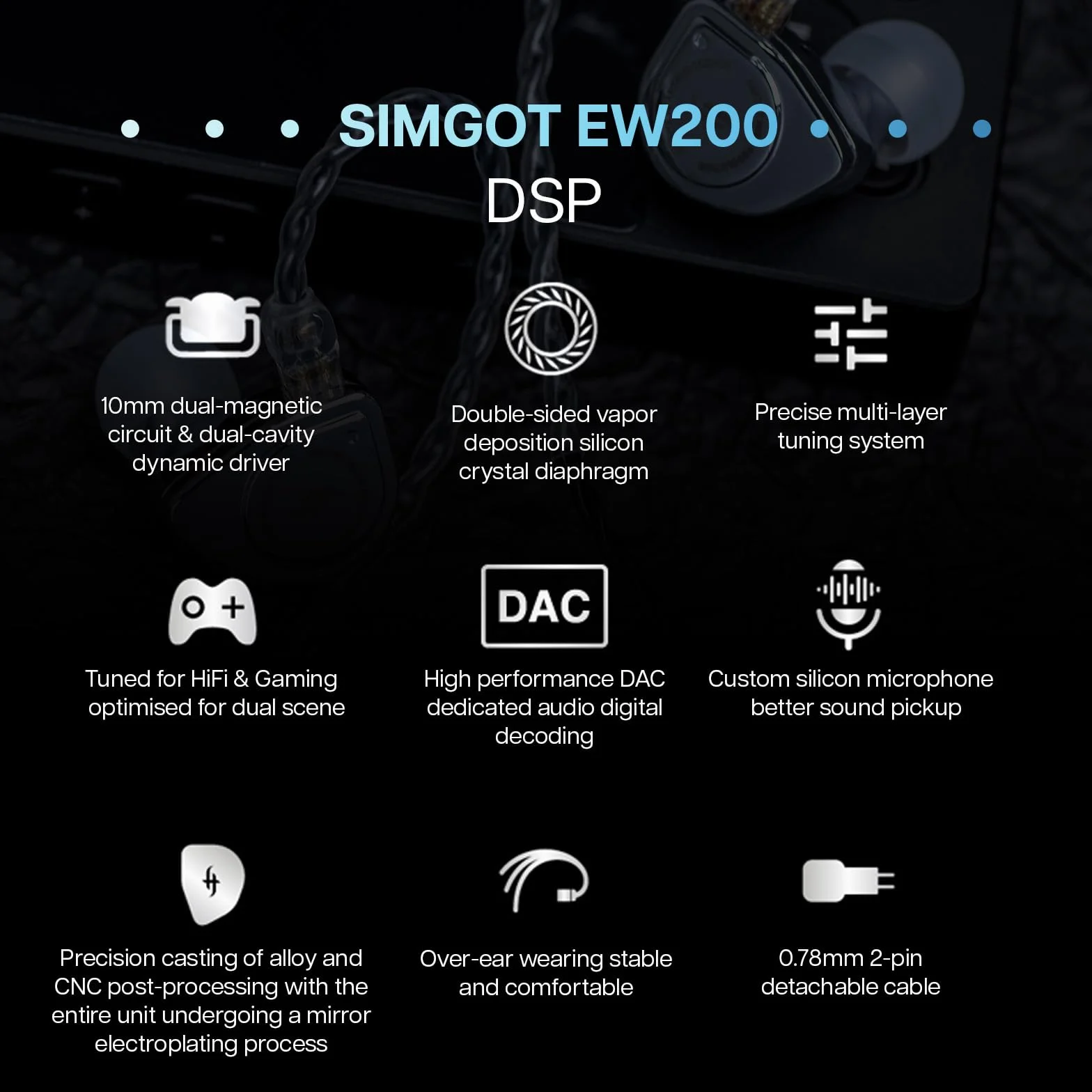 LINSOUL SIMGOT EW200 10mmSCP dynamiczne słuchawki douszne, metalowa obudowa, zdejmowany, 0,78mm, 2-pinowy, posrebrzany kabel OFC dla muzyków audiofilskich (EW200 DSP)