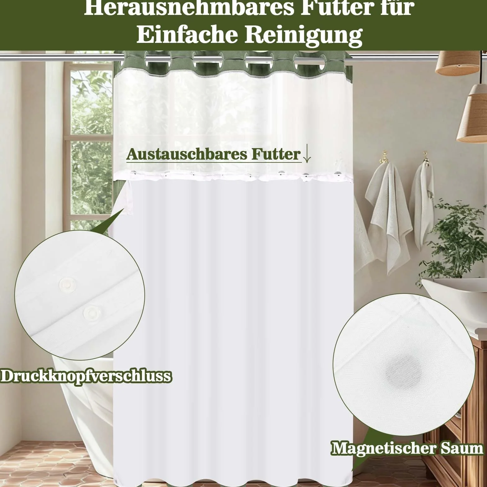 Alishomtll Zasłona prysznicowa 180 x 205 cm, zielona, ochrona przed pleśnią, tekstylna zasłona łazienkowa, nadaje się do prania, dwuwarstwowa zasłona prysznicowa z podszewką na zatrzask i