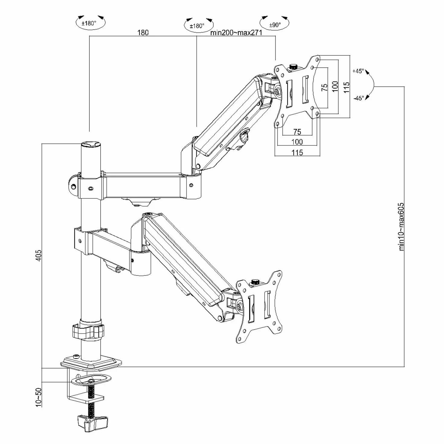 Maclean MC-136 podwójny uchwyt na monitor 17-32", ze sprężyną gazową, regulacja wysokości, ergonomiczne, wychylne ramię monitora, do biura, domowego biura i gier, czarny