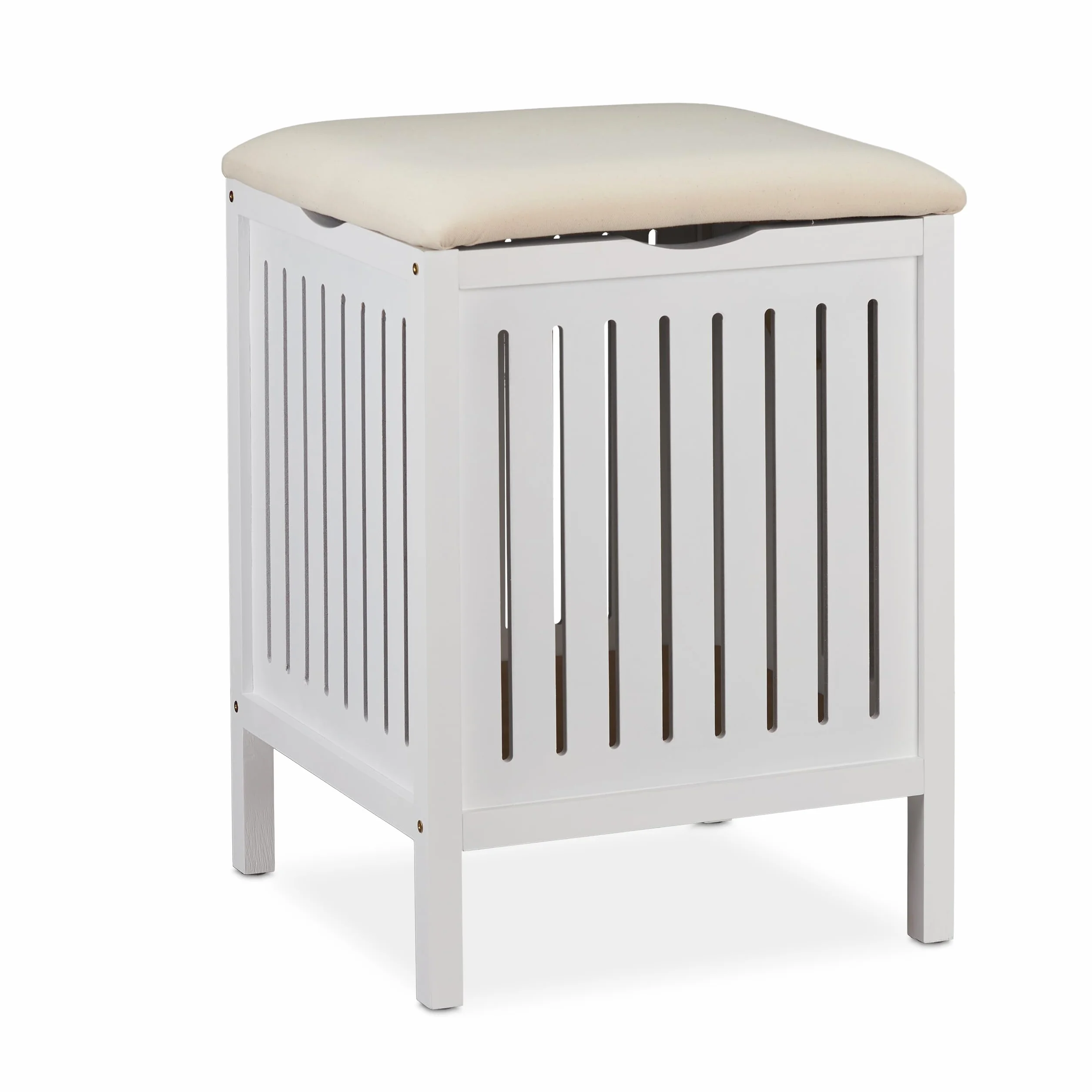 Relaxdays Kosz na pranie z siedziskiem, styl wiejski, 40 l, drewno i tkanina, taboret łazienkowy wys. x szer. x gł.: 55 x 41 x 41 cm, biały