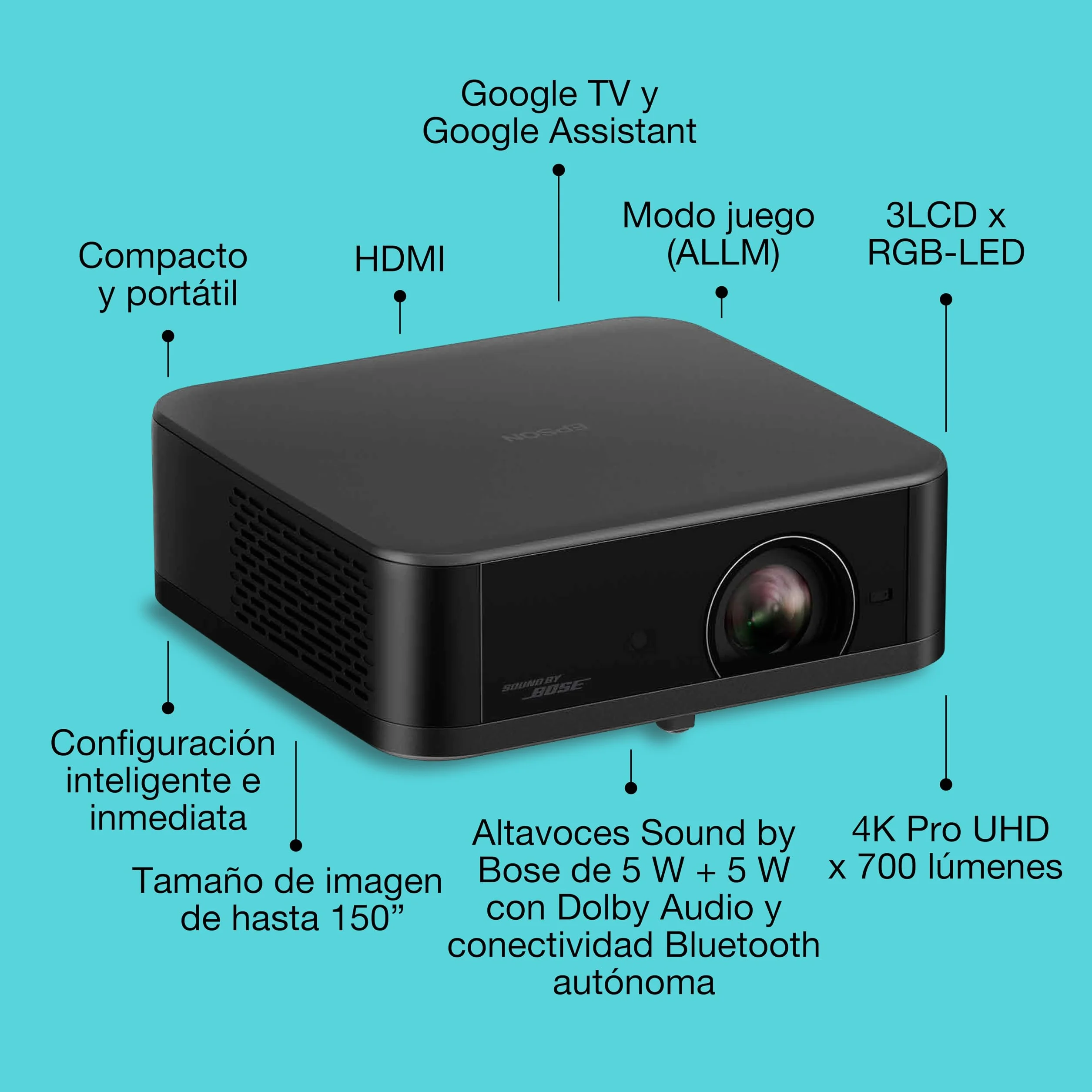 Epson Lifestudio Pop EF-62B czarny metaliczny przenośny inteligentny projektor, Sound by Bose, Google TV, 4K Pro-UHD, do użytku wewnątrz/na zewnątrz, 5 lat