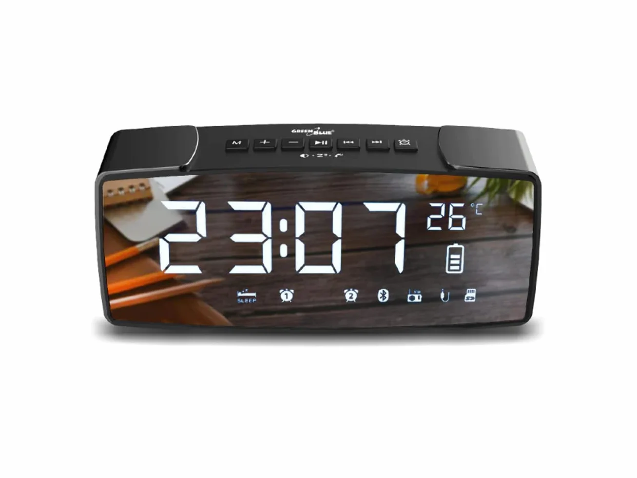 Green Blue GB200 radio z zegarkiem, radio z wyświetlaczem lustrzanym, termometrem, AUX-IN, czytnik kart SD, podwójny alarm, funkcja drzemki, 2200 mAh, UKW (czarny)