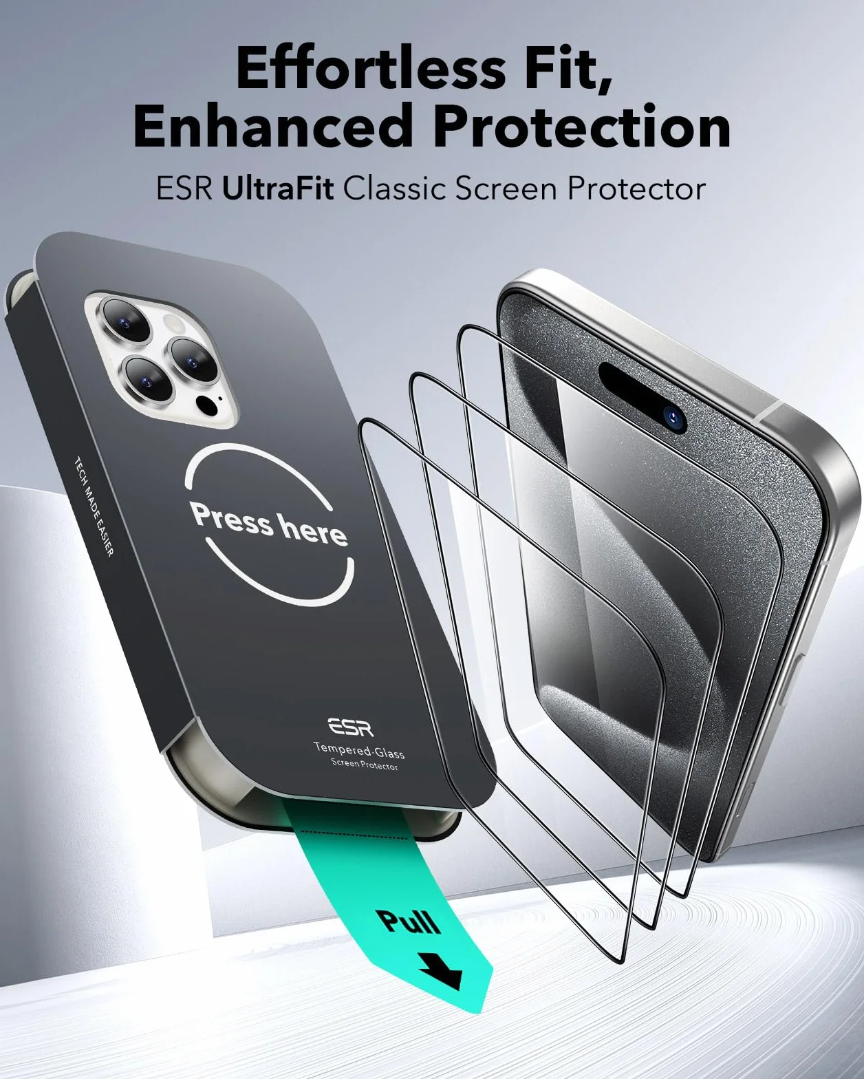 ESR Folia szklana do iPhone'a 15 Pro, szkło hartowane 9H+, bez pęcherzyków i kurzu, ochrona klasy wojskowej, trwała z łatwym narzędziem montażowym, 3 opakowania