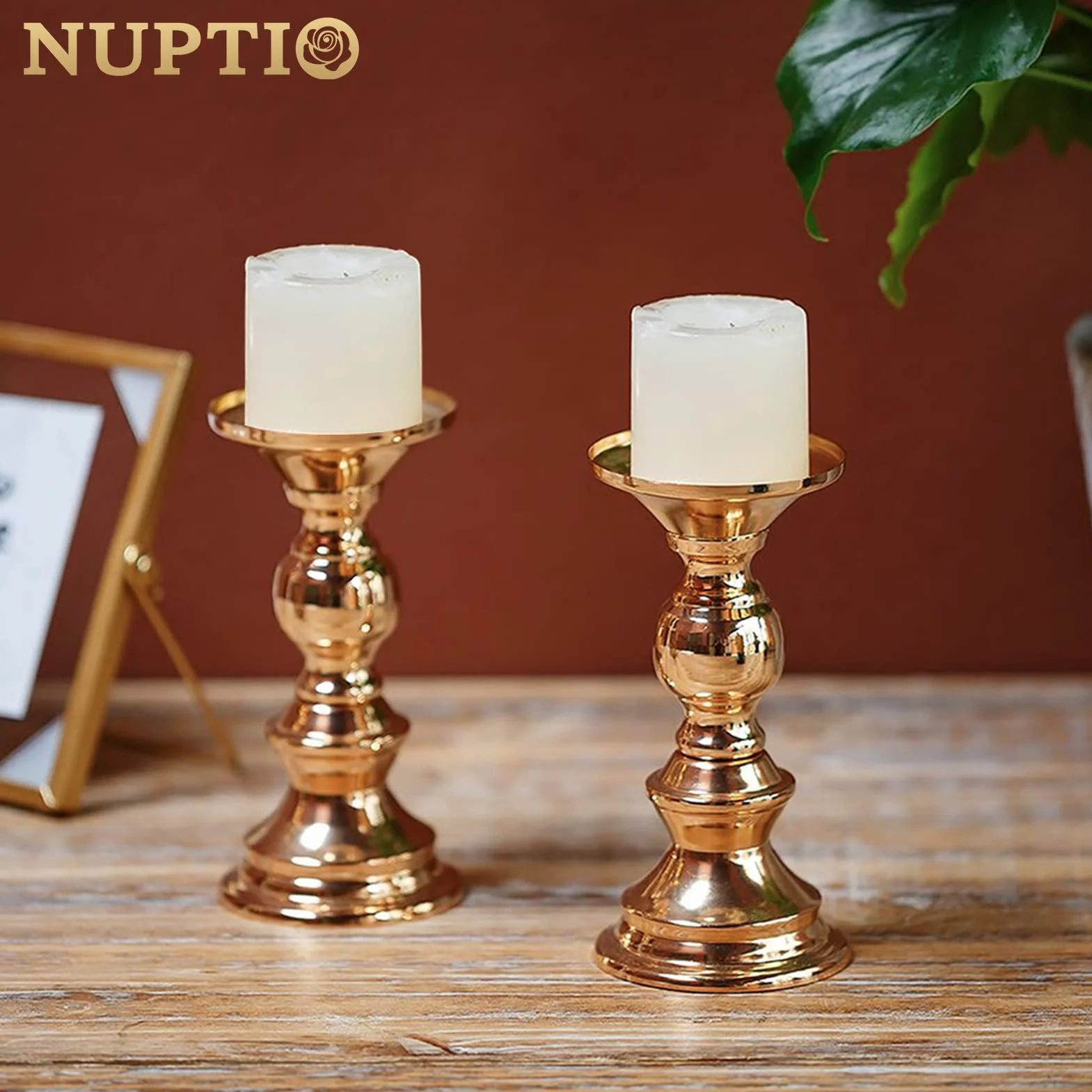 Nuptio zestaw 2 metalowych świeczników w kolorze złotym, ślubne świeczniki, 50 mm, stojak, idealna dekoracja na wesela, specjalne okazje, imprezy, świecznik świąteczny