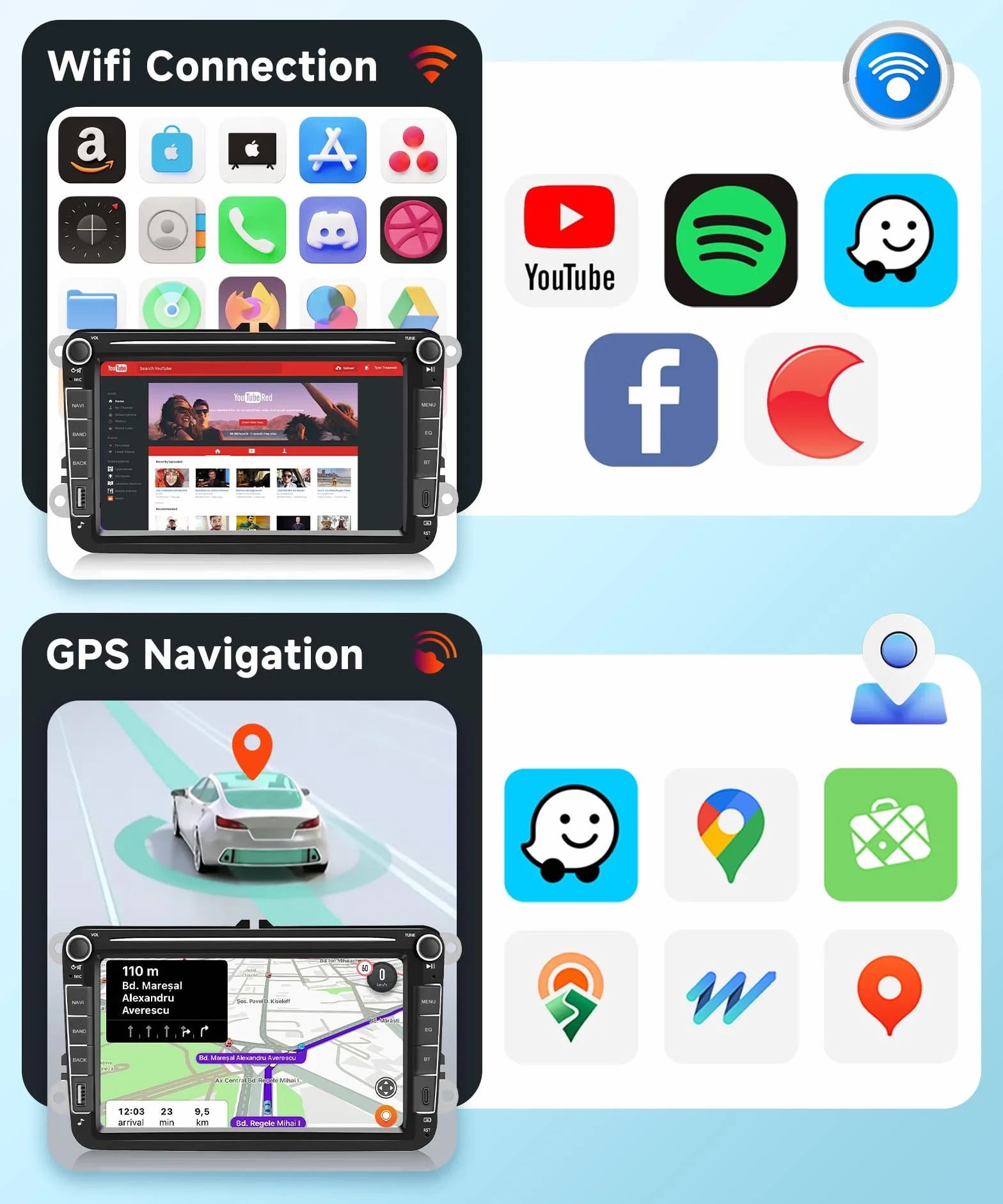 Radio samochodowe Hodozzy Carplay do VW Passat Golf Seat Altea Skoda Octavia z USB/USB C/nawigacją, 8 cali VW radio samochodowe Bluetooth z systemem Android Auto/Mirror Link/32 EQ/FM/RDS/SWC/WiFi +