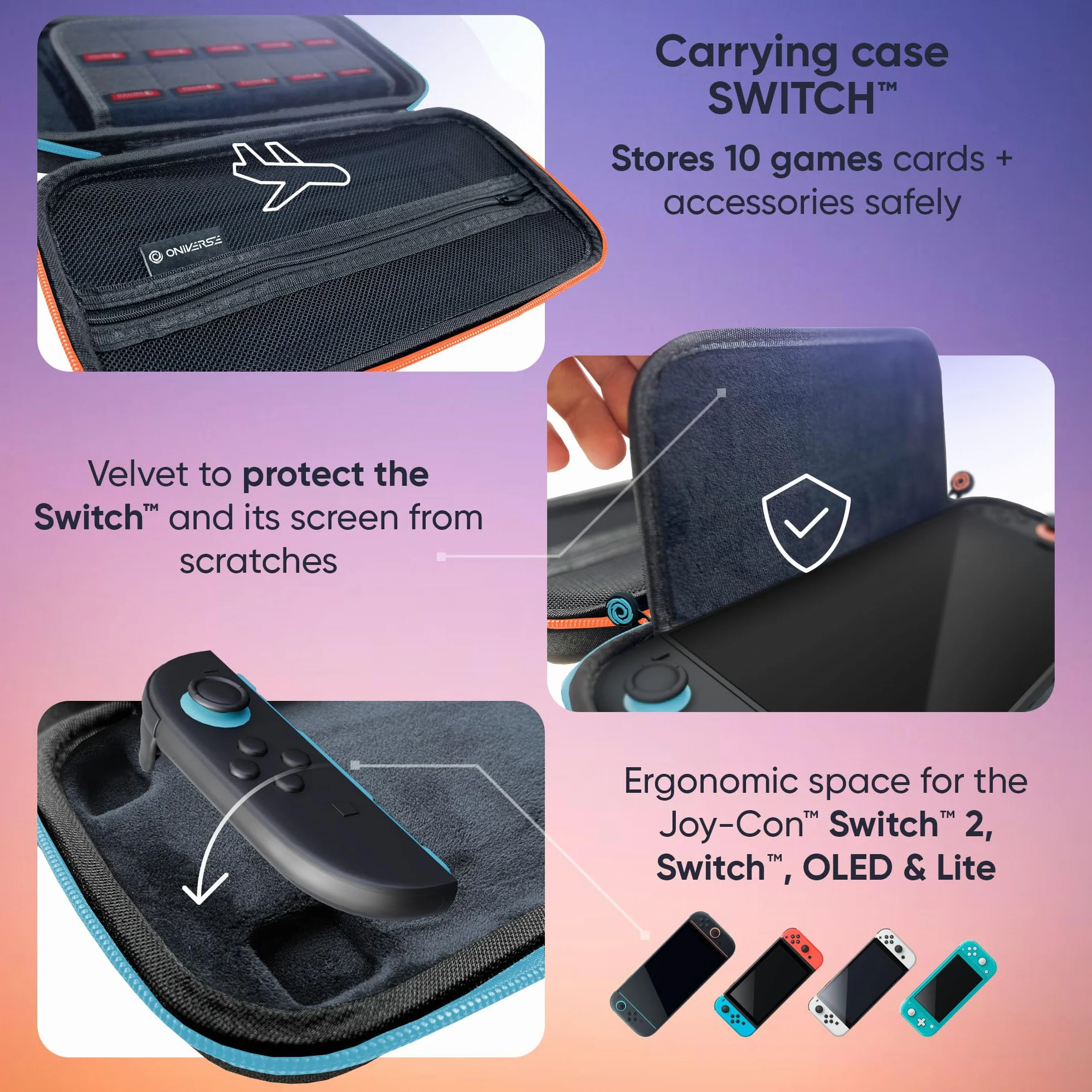 Oniverse Etui ochronne kompatybilne z Nintendo Switch 2/OLED/Switch – Sztywna wodoodporna torba z uchwytem, Wyściełane wnętrze, Miejsca na gry, Siatkowa kieszeń – Szary