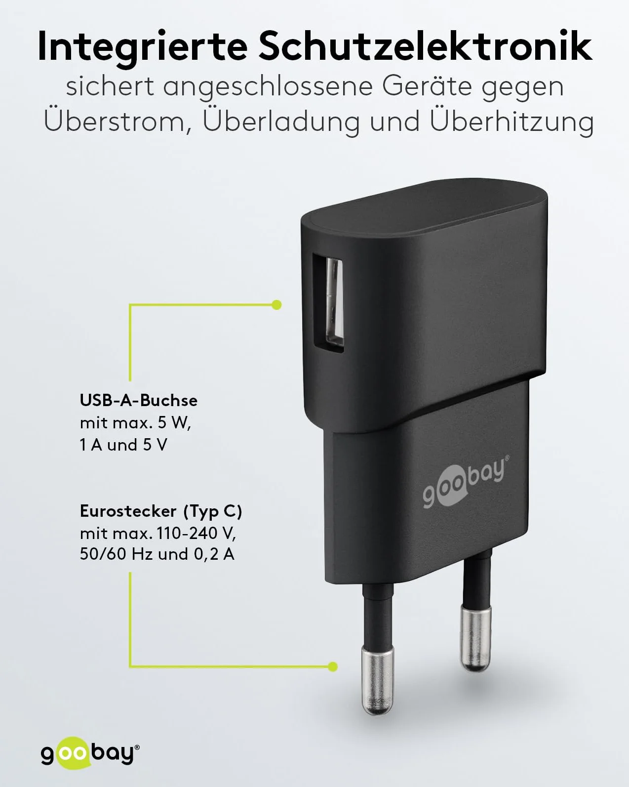 goobay 44947 ładowarka USB 5 W, kompaktowy zasilacz sieciowy z 1 A, pojedynczy adapter USB-A, idealna do ładowania iPhone’a, słuchawek i smartwatcha, czarna