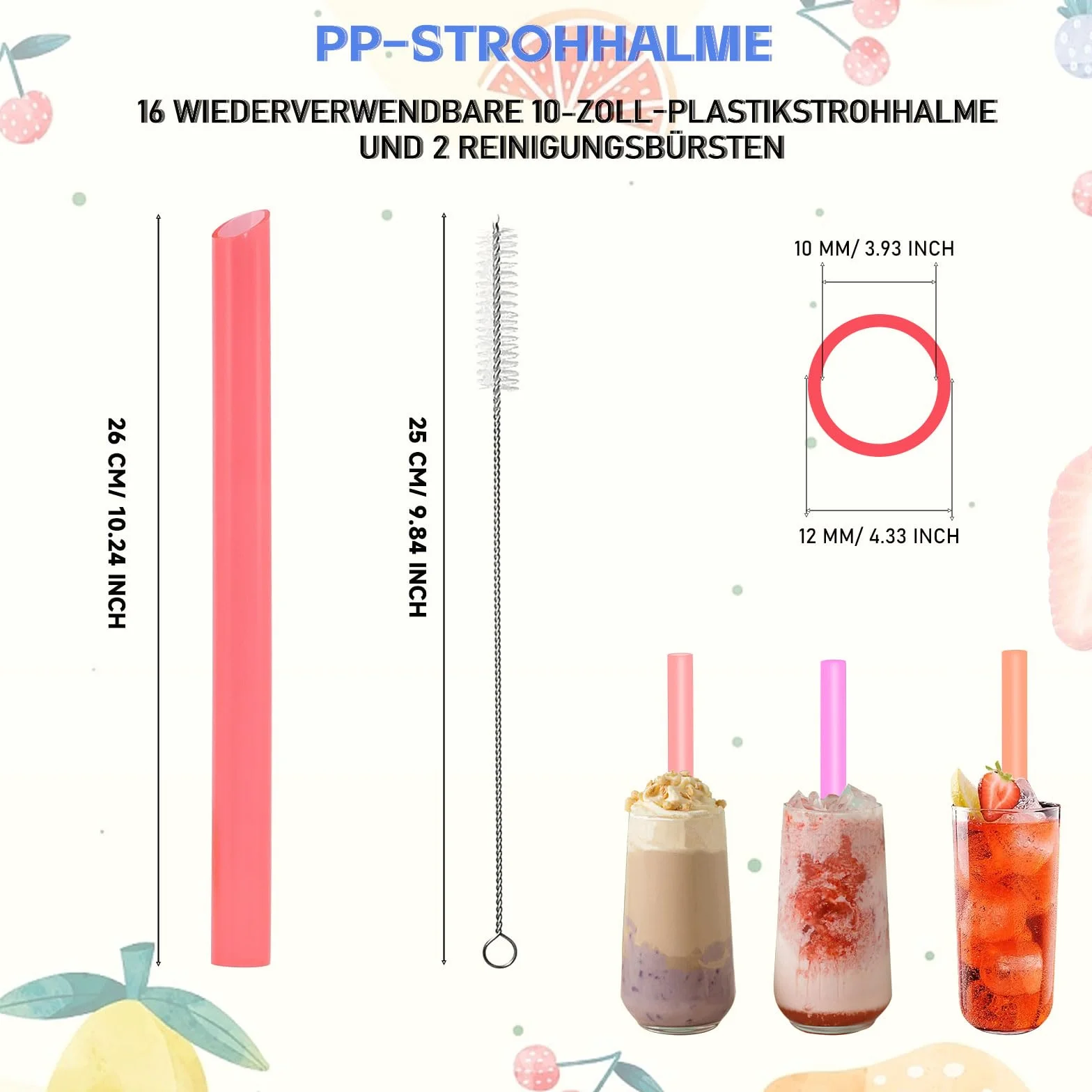 Słomki do Bubble Tea Jumbo 10x260mm wielokrotnego użytku kolorowe z szczotką czyszczącą
