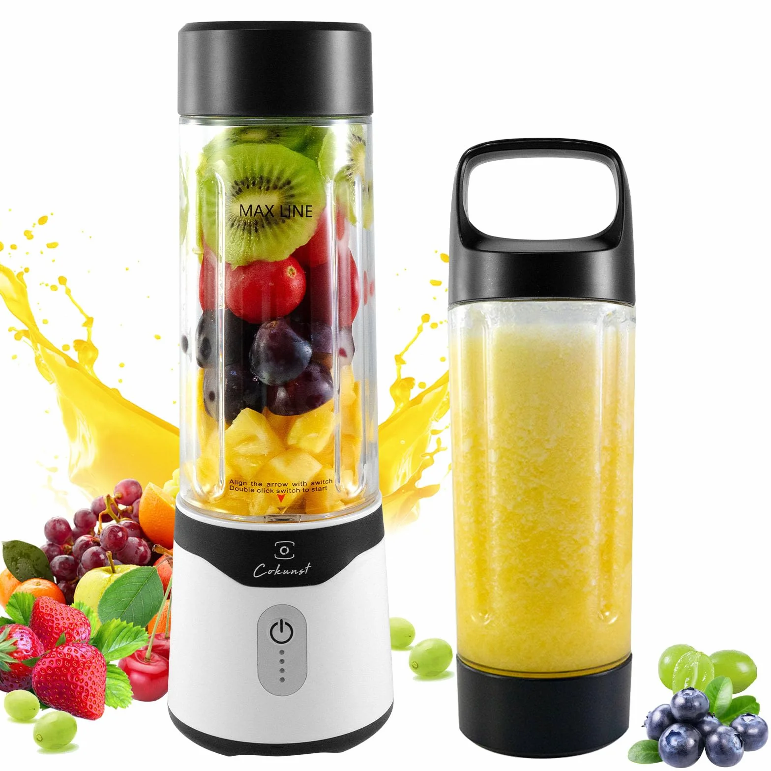 COKUNST Przenośny blender, osobisty 500 ml do smoothie i shake, mały ładowany przez USB, z wydajnymi 6 ostrzami, mini pojedynczy z dodatkową pokrywką, do podróży, siłowni,