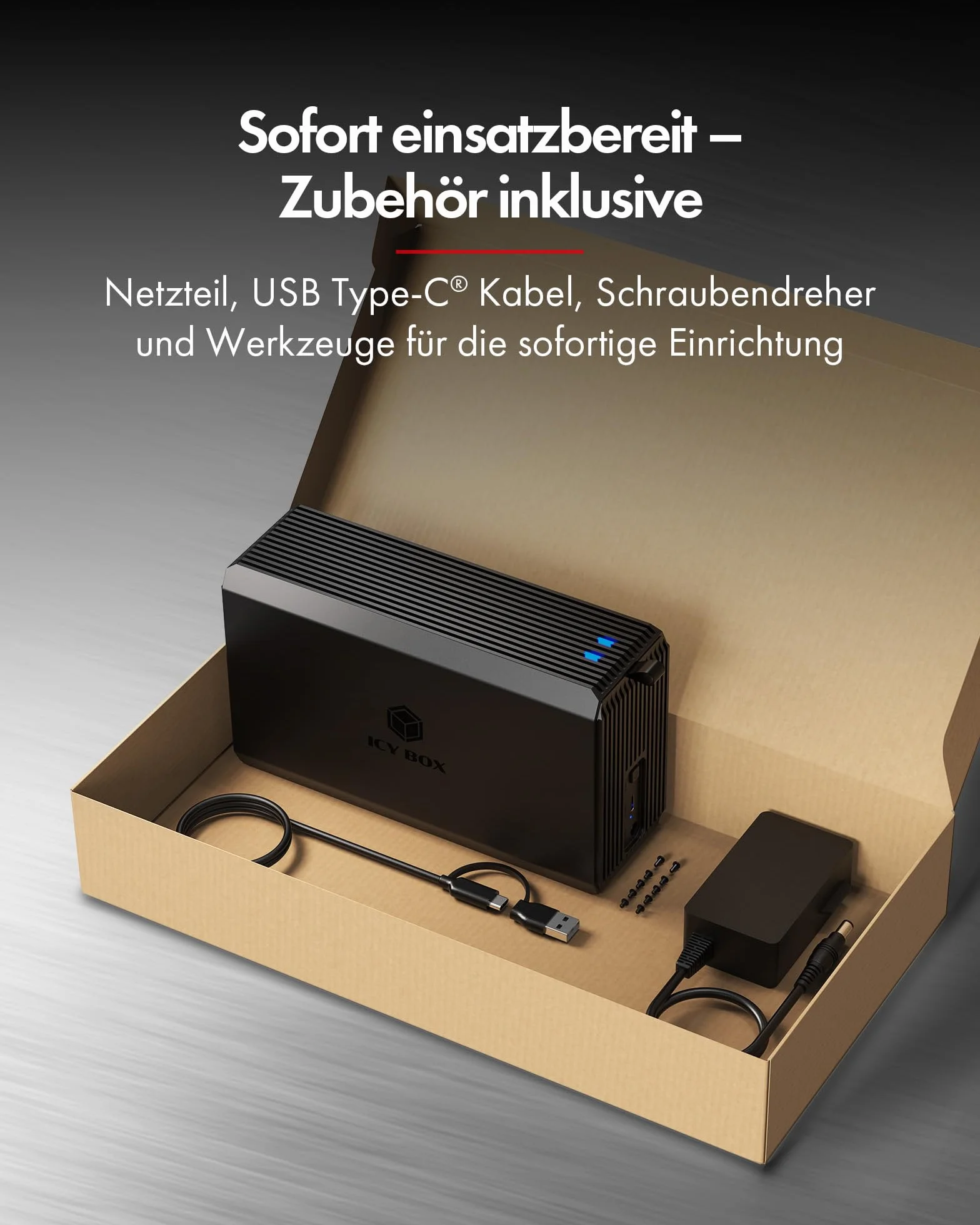 ICY Box (RAID system do 2 × 2,5"/3,5" HDD/SSD) USB 3.2 Gen 1 Type-C 5 Gbit/s, RAID 0/1/SINGLE/LARGE, zintegrowany wentylator 50 mm, wskaźnik stanu LED, IB-RD3720-CU3