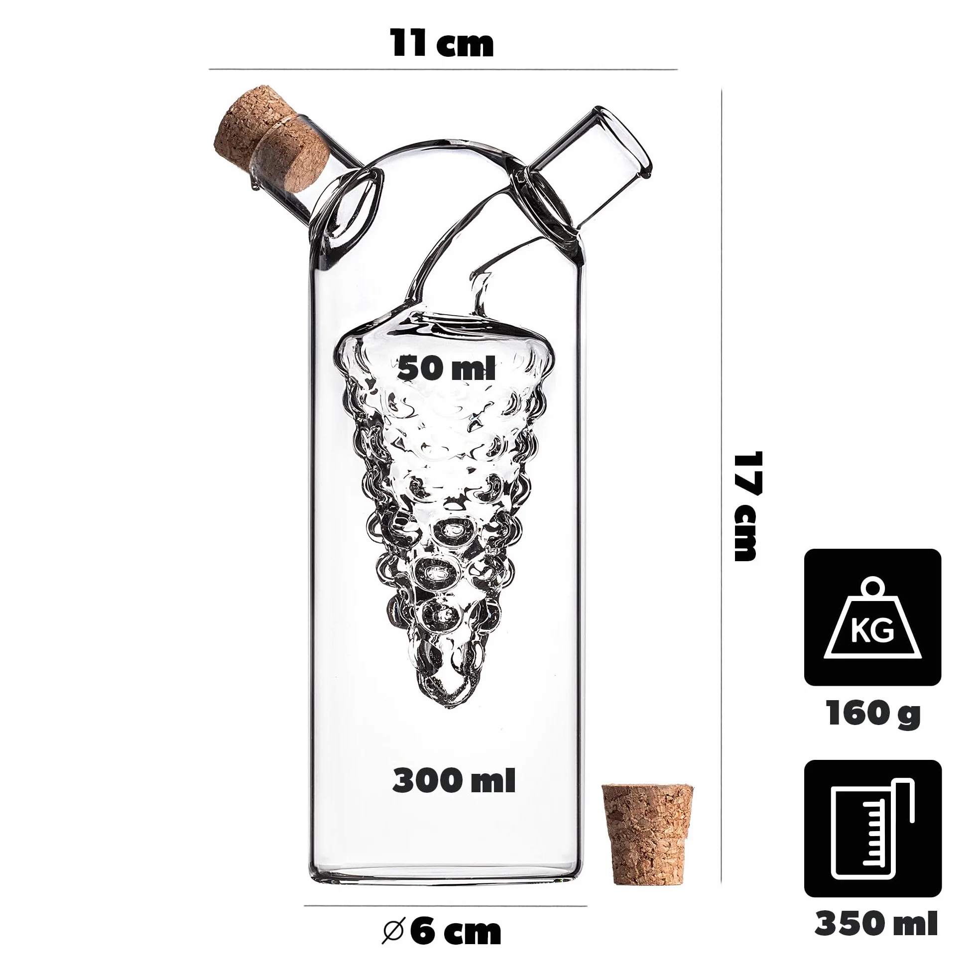 KADAX Szklany dozownik do oliwy i octu z korkiem 300 ml konstrukcja 2 w 1, precyzyjne dozowanie, do sałatek, marynat i gotowania