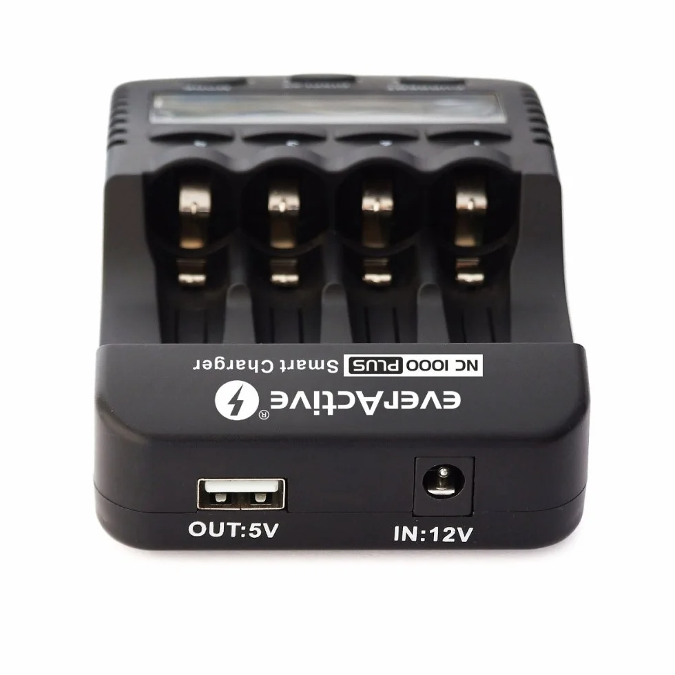 everActive Ładowarka do 4 akumulatorów AAA AA, profesjonalna i szybka, wyświetlacz LCD, test pojemności, adapter samochodowy, model: NC-1000 Plus, czarna, NC1000Plus