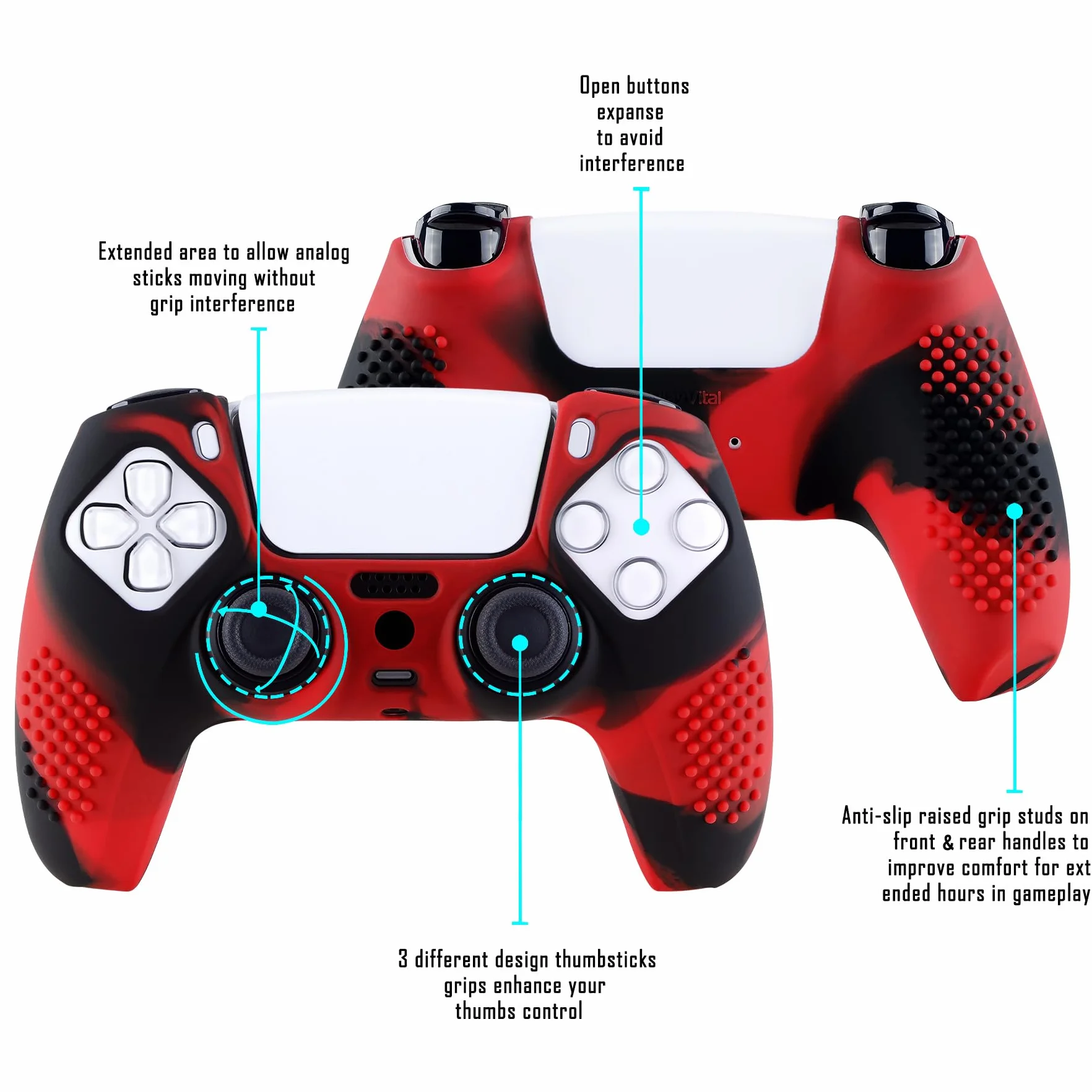 eXtremeRate PlayVital Antypoślizgowe Pokrowiec Ochronny do ps5 Kontrolera,Gumowe Ochraniacz Skóry do ps5,Silikonowe Etui z 6 szt Nakładkami Joysticka-Czerwony & Czarny(3D Studded Edition)